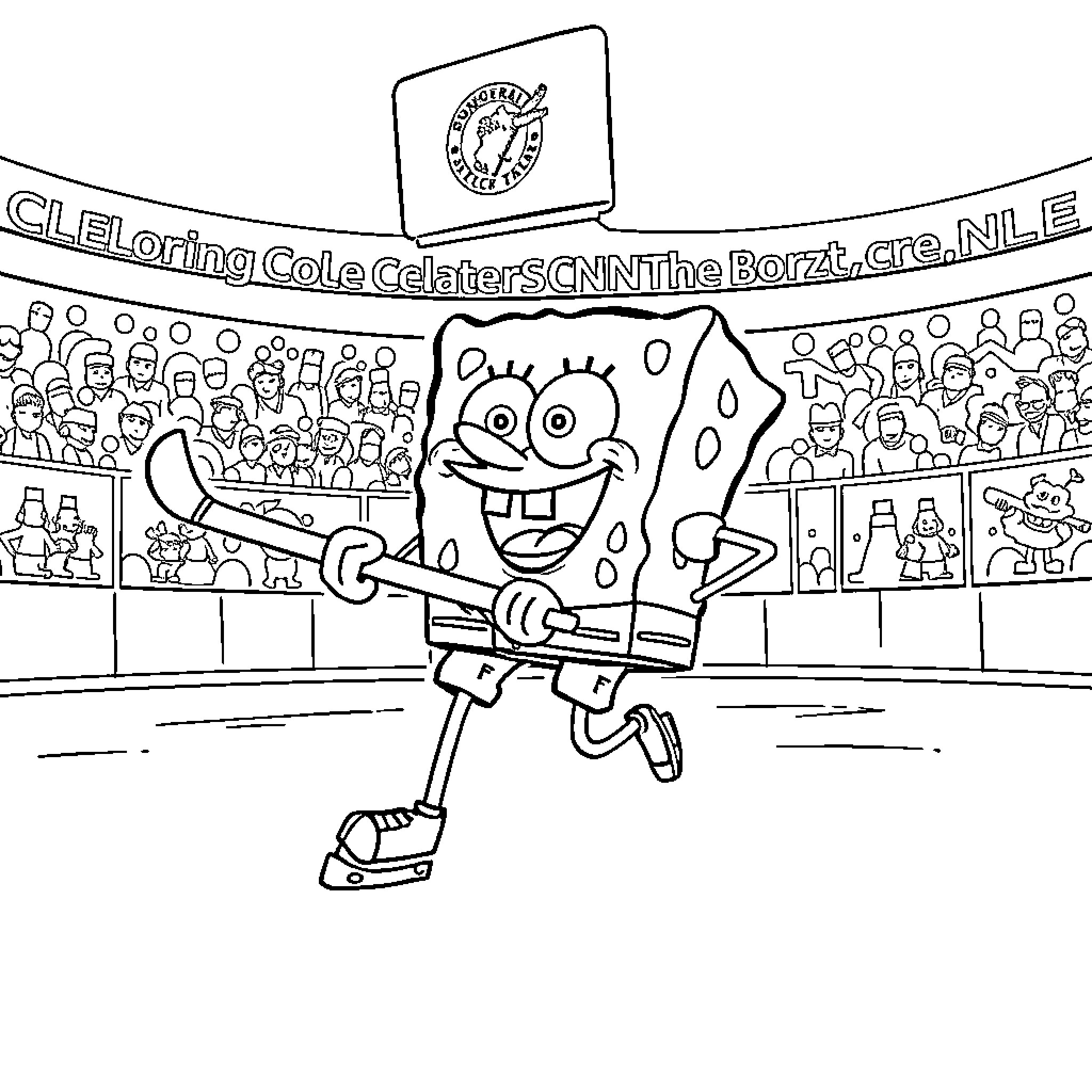 Spongebob playing baseball in the stadium Coloring Page (free black-and-white line drawing printable PDF for all, from beginners to advanced learners, including children, teens, adults, and seniors)