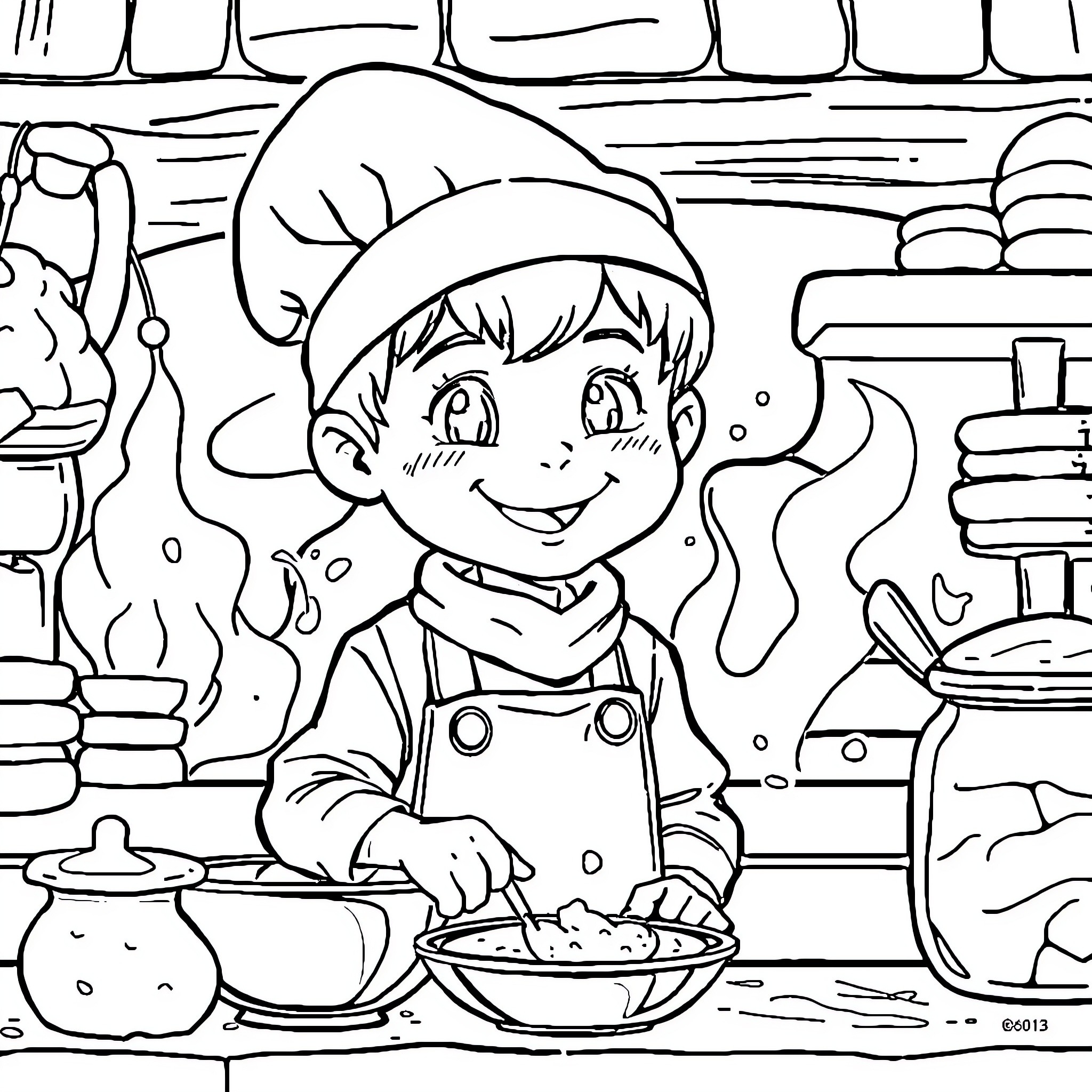 Boy cooking joyfully in the kitchen Coloring Page (free black-and-white line drawing printable PDF for all, from beginners to advanced learners, including children, teens, adults, and seniors)
