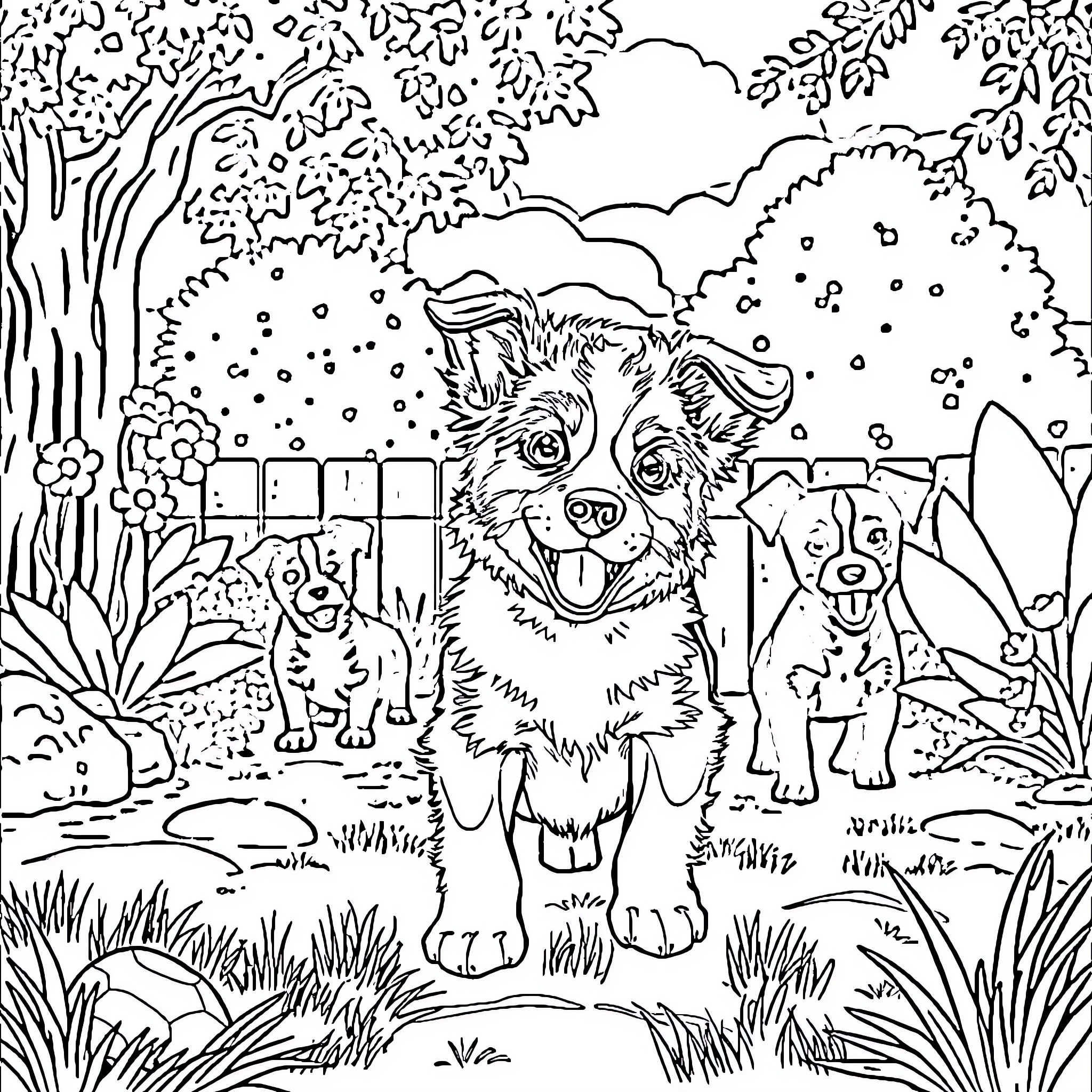 Bluey and friends play in the forest Coloring Page (free black-and-white line drawing printable PDF for all, from beginners to advanced learners, including children, teens, adults, and seniors)