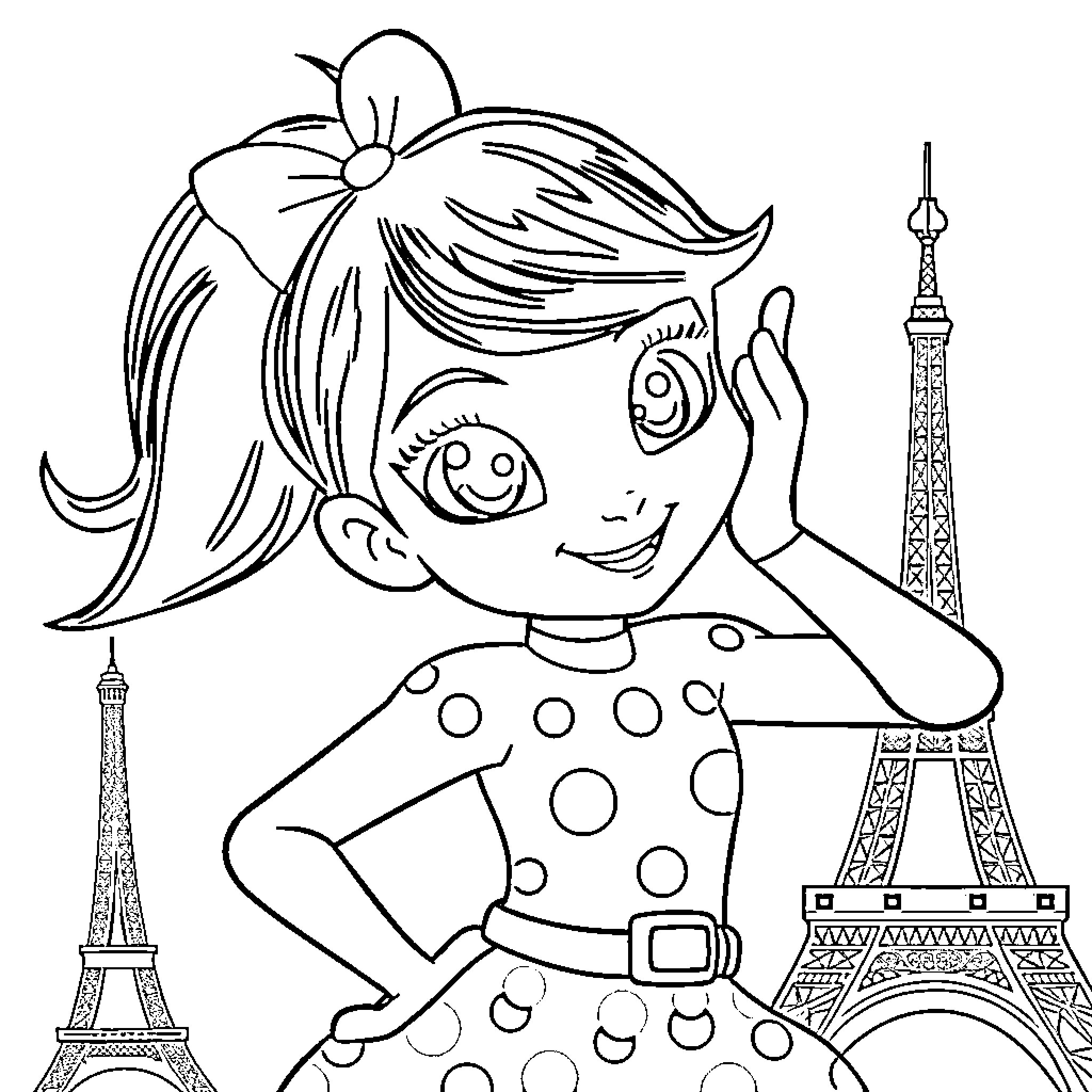 Marinette exploring the Parisian streets Coloring Page (free black-and-white line drawing printable PDF for all, from beginners to advanced learners, including children, teens, adults, and seniors)