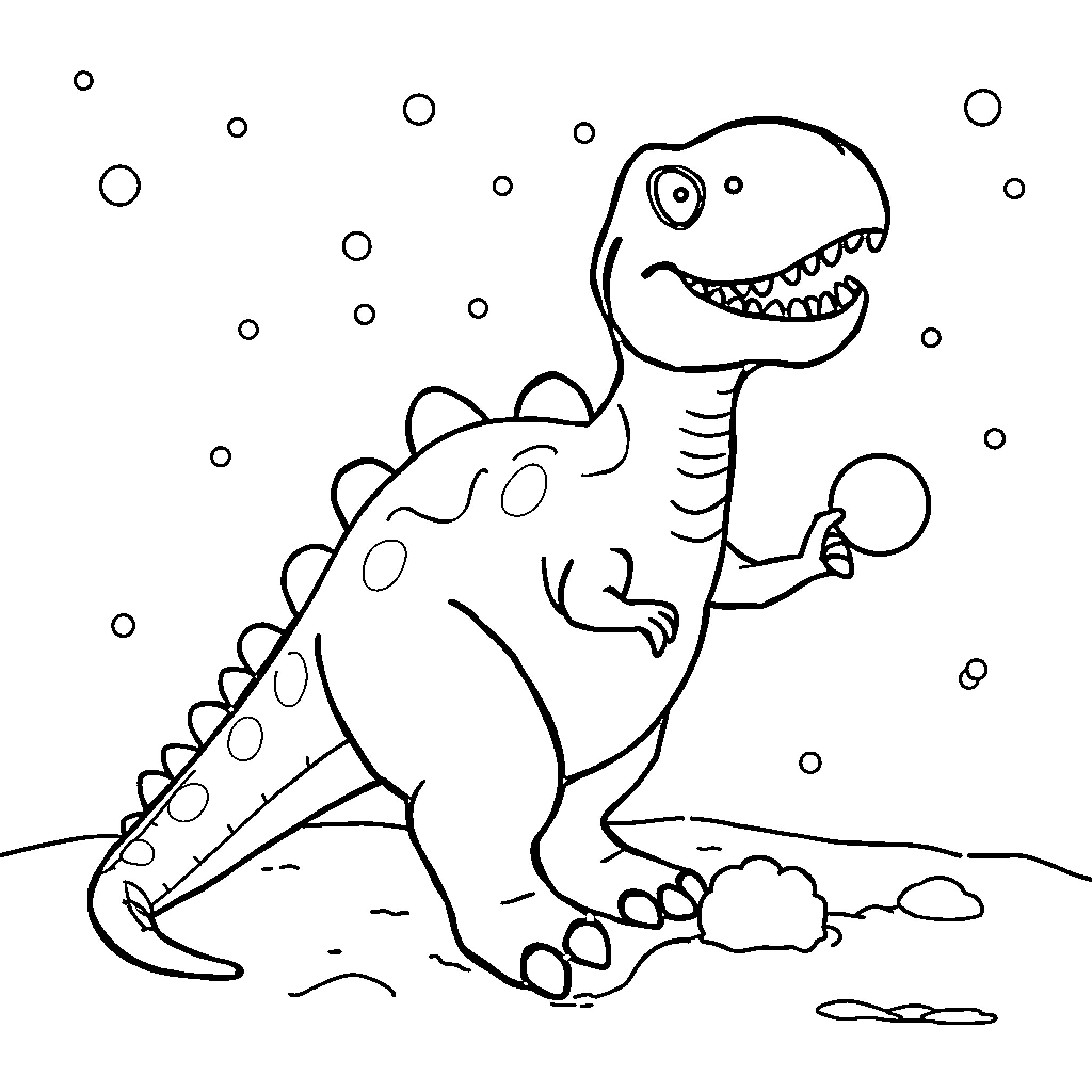 Dinosaur playing happily in the snow Coloring Page (free black-and-white line drawing printable PDF for all, from beginners to advanced learners, including children, teens, adults, and seniors)