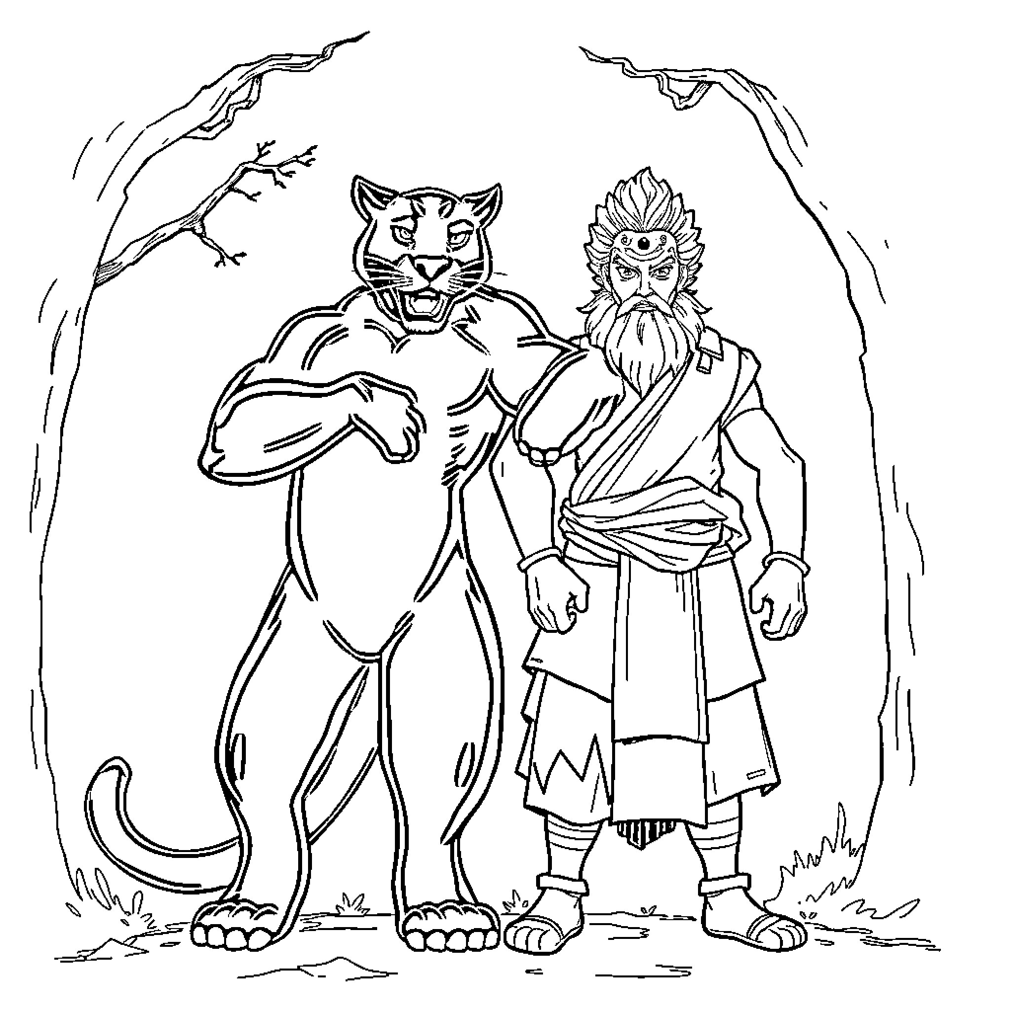 Panther and a warrior standing together in the forest Coloring Page (free black-and-white line drawing printable PDF for all, from beginners to advanced learners, including children, teens, adults, and seniors)