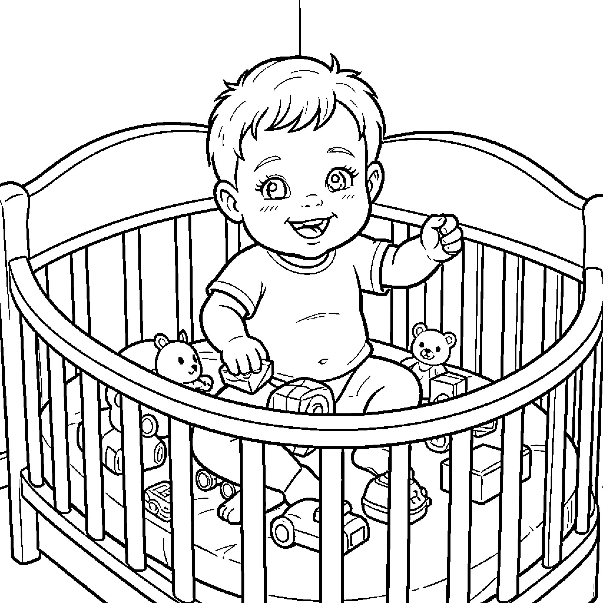 Baby sitting happily in a crib with toys Coloring Page (free black-and-white line drawing printable PDF for all, from beginners to advanced learners, including children, teens, adults, and seniors)