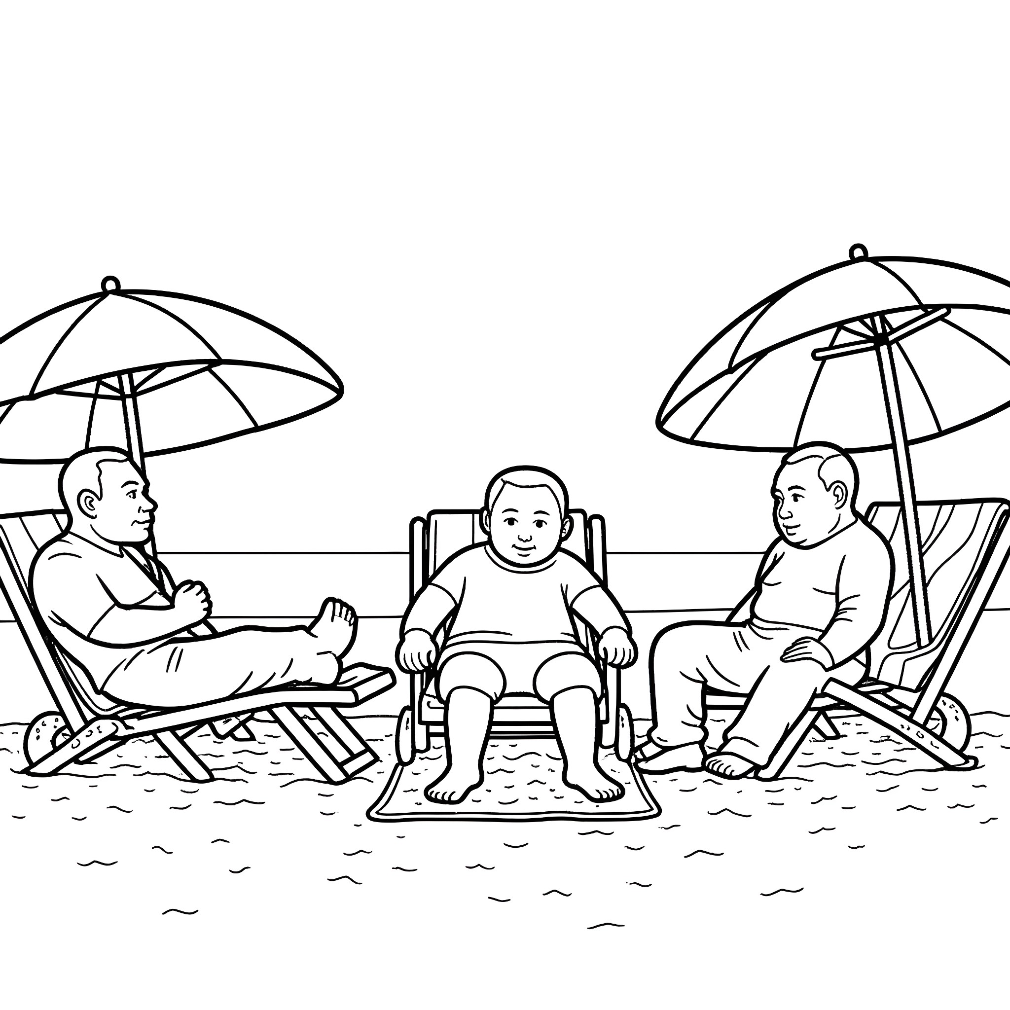 Elon Musk relaxing on the beach with friends Coloring Page (free black-and-white line drawing printable PDF for all, from beginners to advanced learners, including children, teens, adults, and seniors)