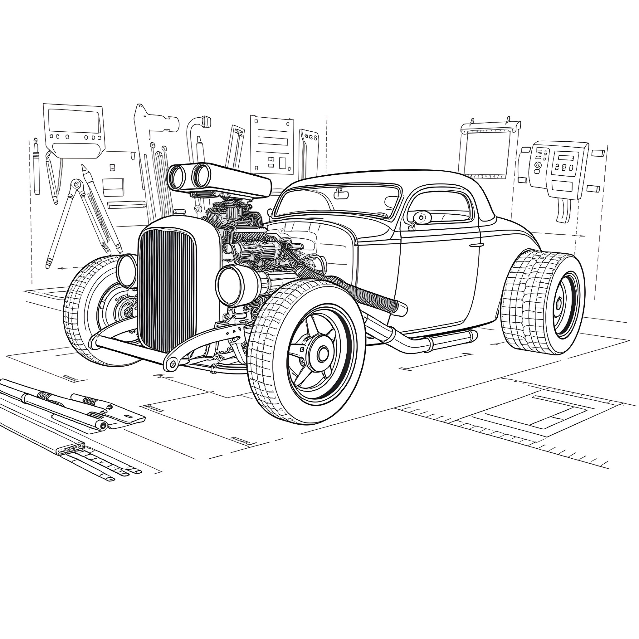 Hotrod customization and repair in the workshop Coloring Page (free black-and-white line drawing printable PDF for all, from beginners to advanced learners, including children, teens, adults, and seniors)