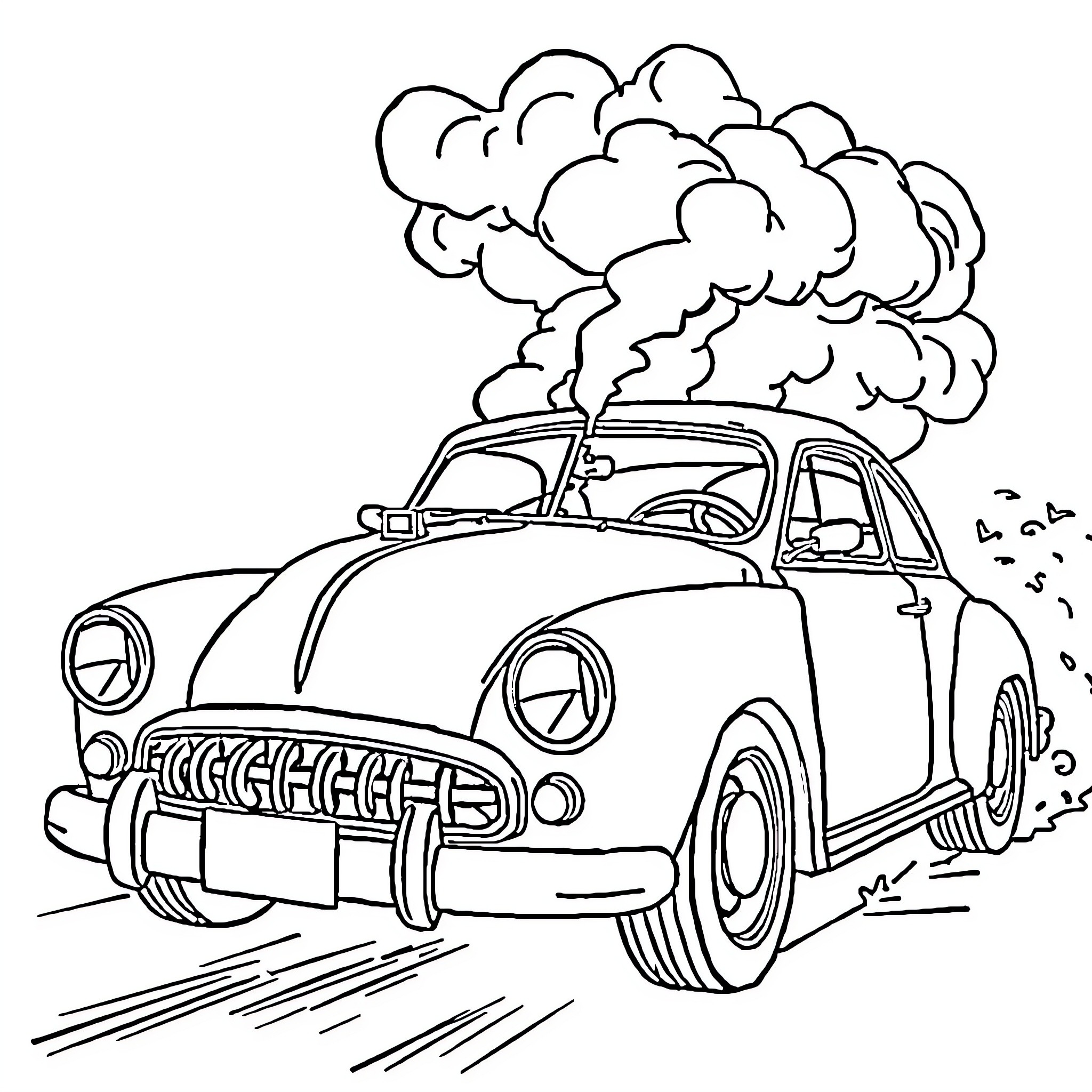Car speeding with smoke billowing Coloring Page (free black-and-white line drawing printable PDF for all, from beginners to advanced learners, including children, teens, adults, and seniors)