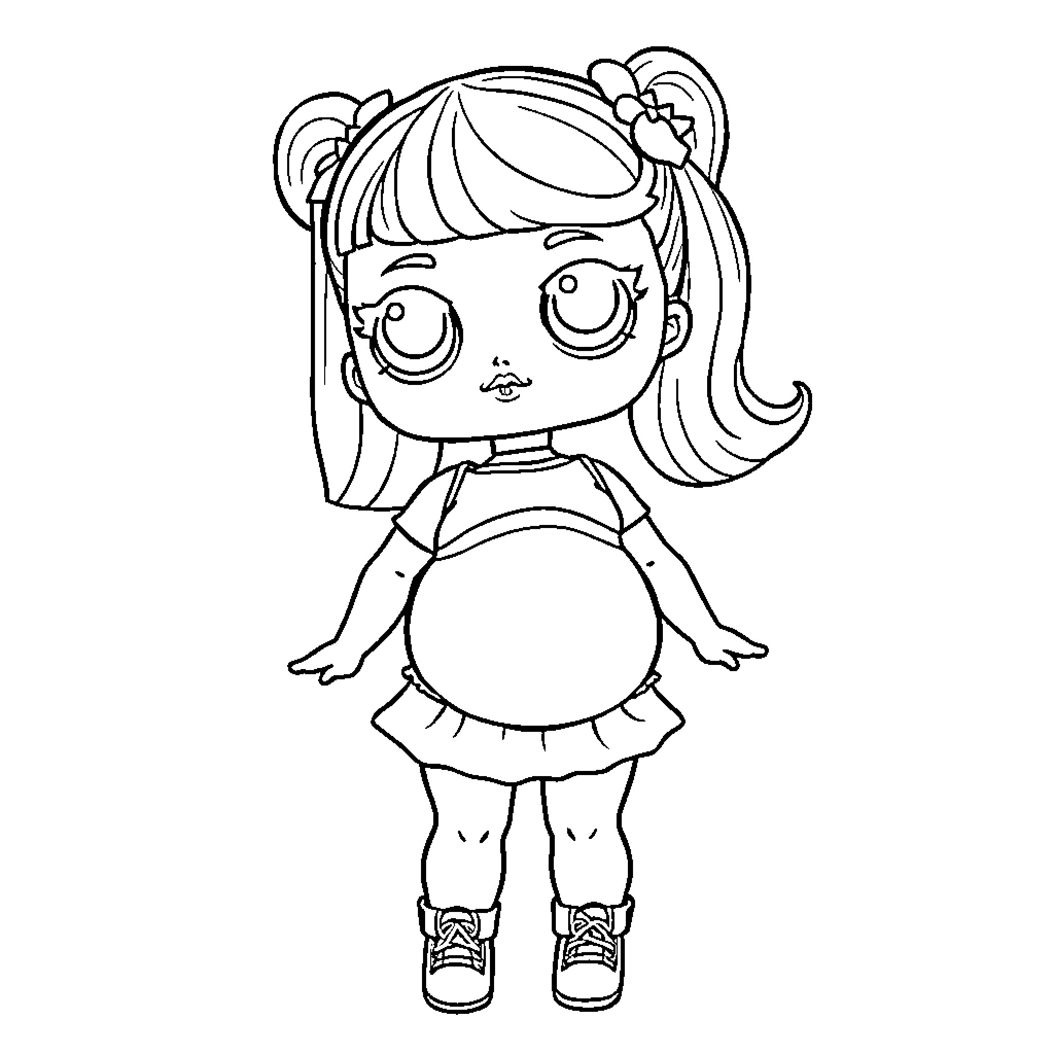 Lol Doll with Playful Expression and Unique Outfit Coloring Page (free black-and-white line drawing printable PDF for all, from beginners to advanced learners, including children, teens, adults, and seniors)