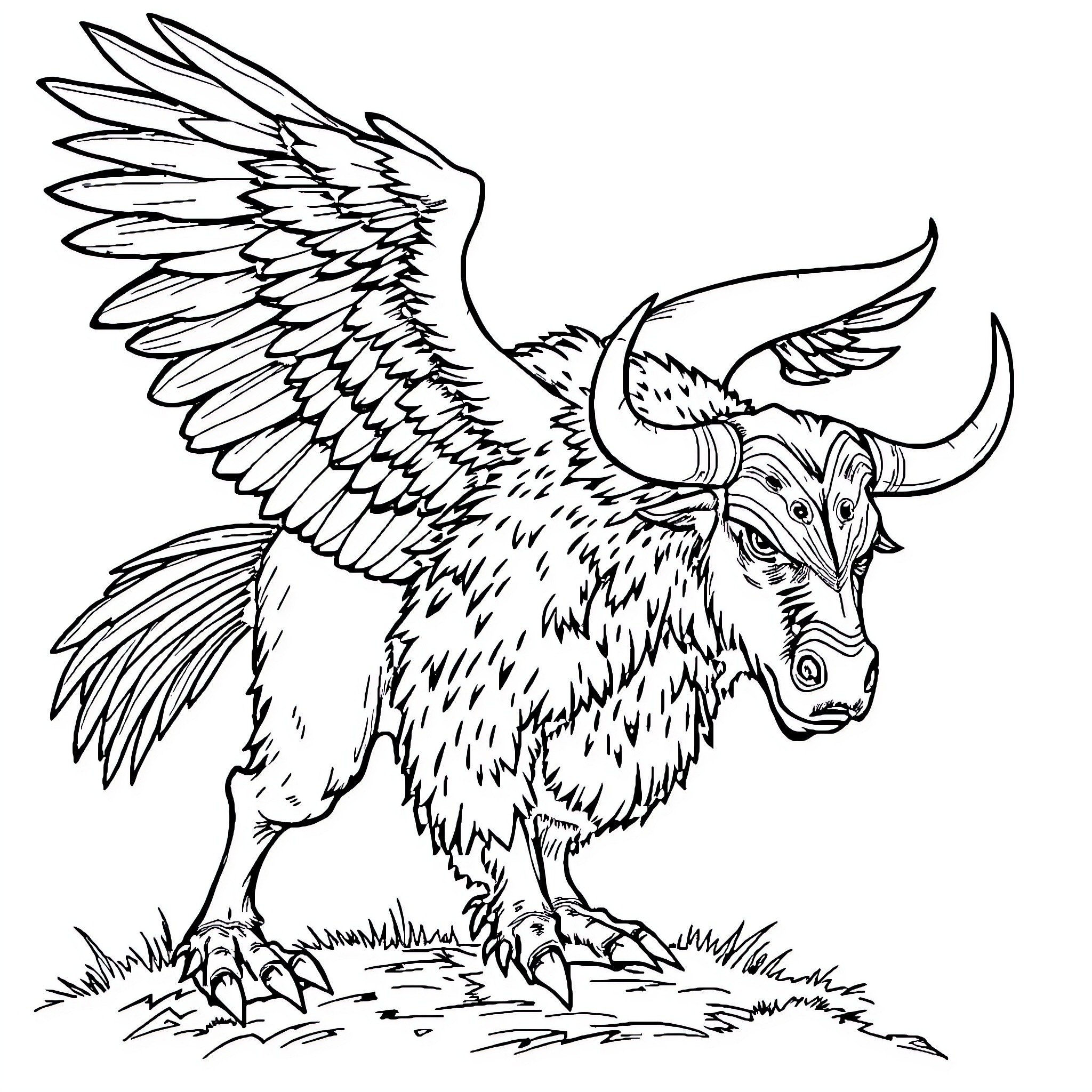 Aigle: Winged Mythical Creature in Flight Coloring Page (free black-and-white line drawing printable PDF for all, from beginners to advanced learners, including children, teens, adults, and seniors)