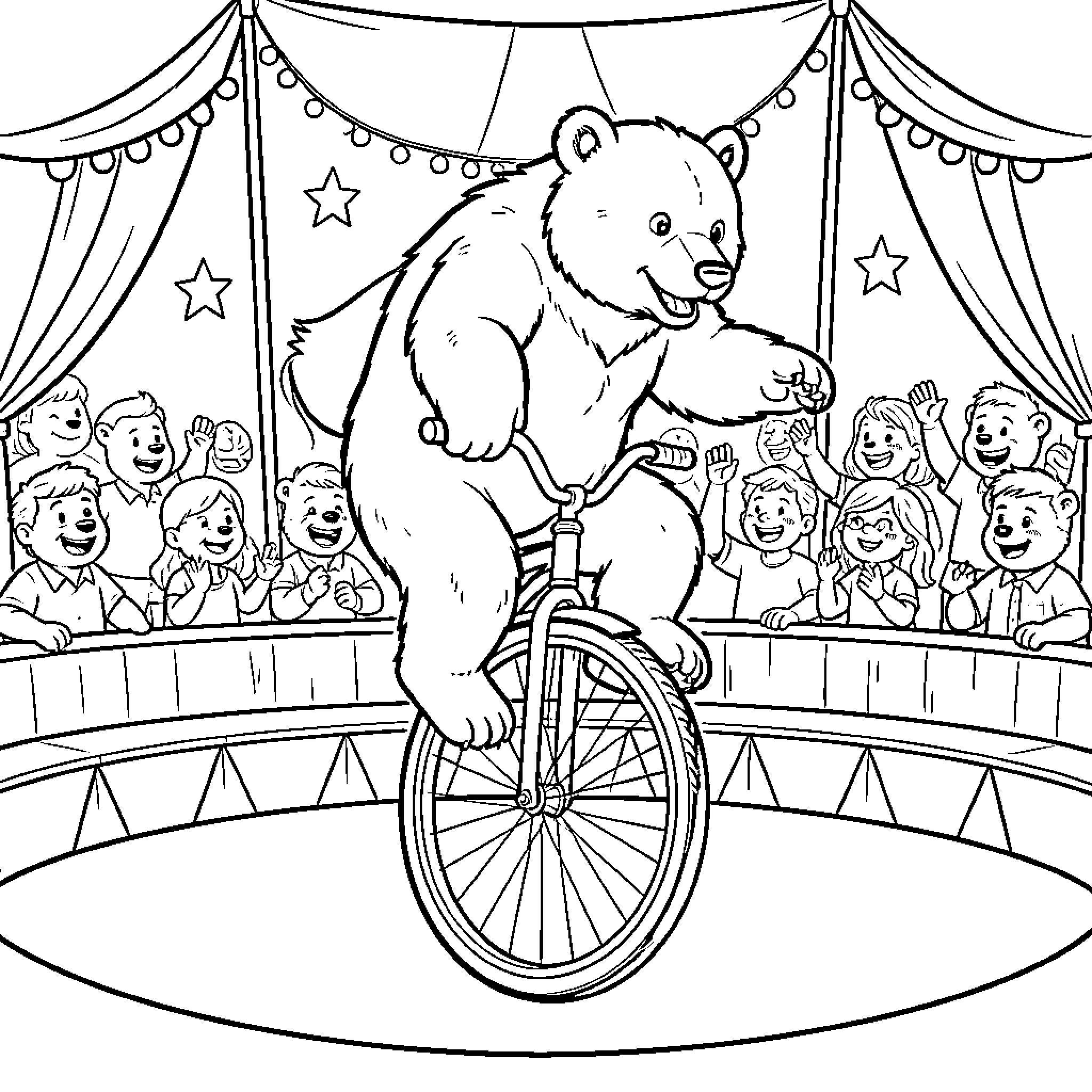 Bear Performing Tricks at the Circus Coloring Page (free black-and-white line drawing printable PDF for all, from beginners to advanced learners, including children, teens, adults, and seniors)