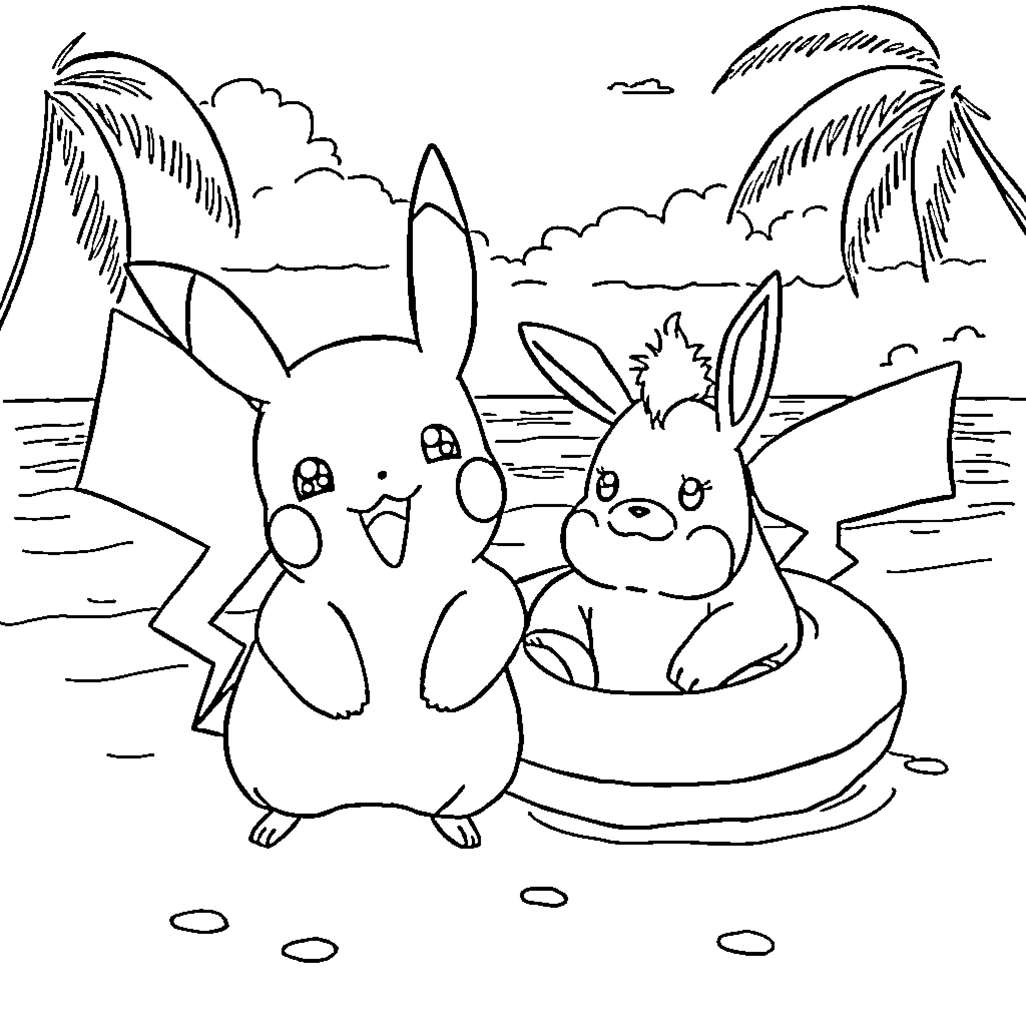 Pikachu and Eevee enjoying a day at the beach Coloring Page (free black-and-white line drawing printable PDF for all, from beginners to advanced learners, including children, teens, adults, and seniors)