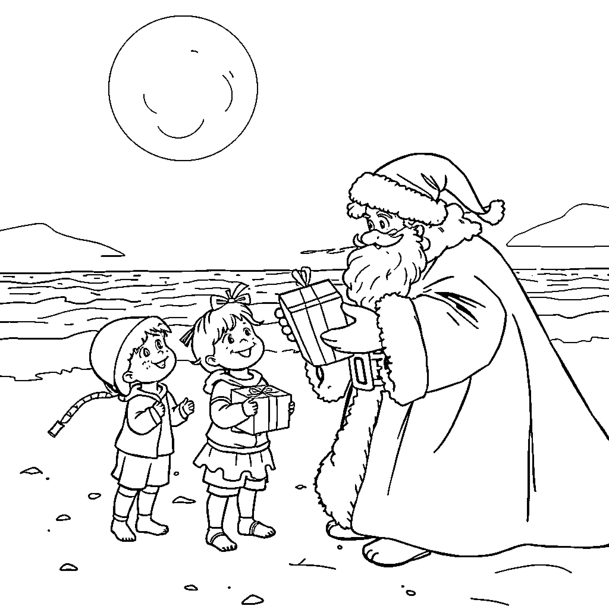 Saint Nicolas brings gifts to children on the beach Coloring Page (free black-and-white line drawing printable PDF for all, from beginners to advanced learners, including children, teens, adults, and seniors)
