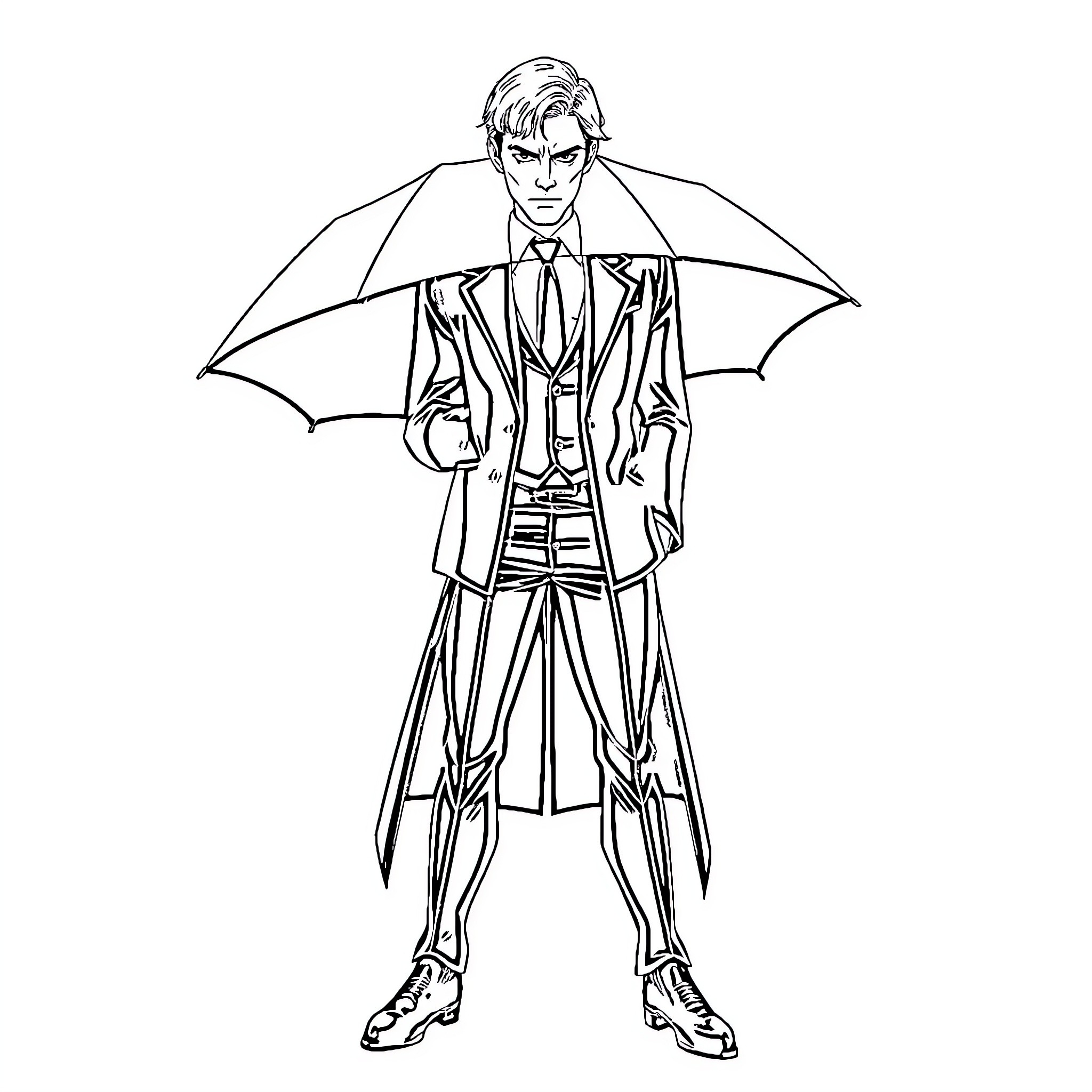 Five Figures in Formal Attire with Umbrella Coloring Page (free black-and-white line drawing printable PDF for all, from beginners to advanced learners, including children, teens, adults, and seniors)