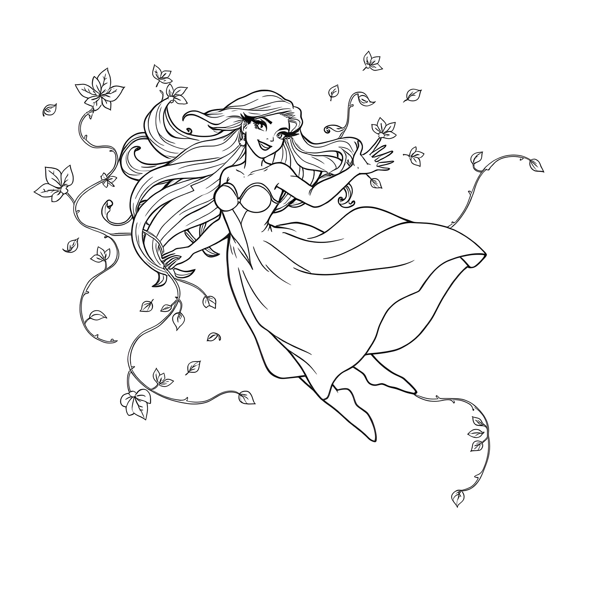 Poison Ivy - Graceful Botanical Dancer Coloring Page (free black-and-white line drawing printable PDF for all, from beginners to advanced learners, including children, teens, adults, and seniors)