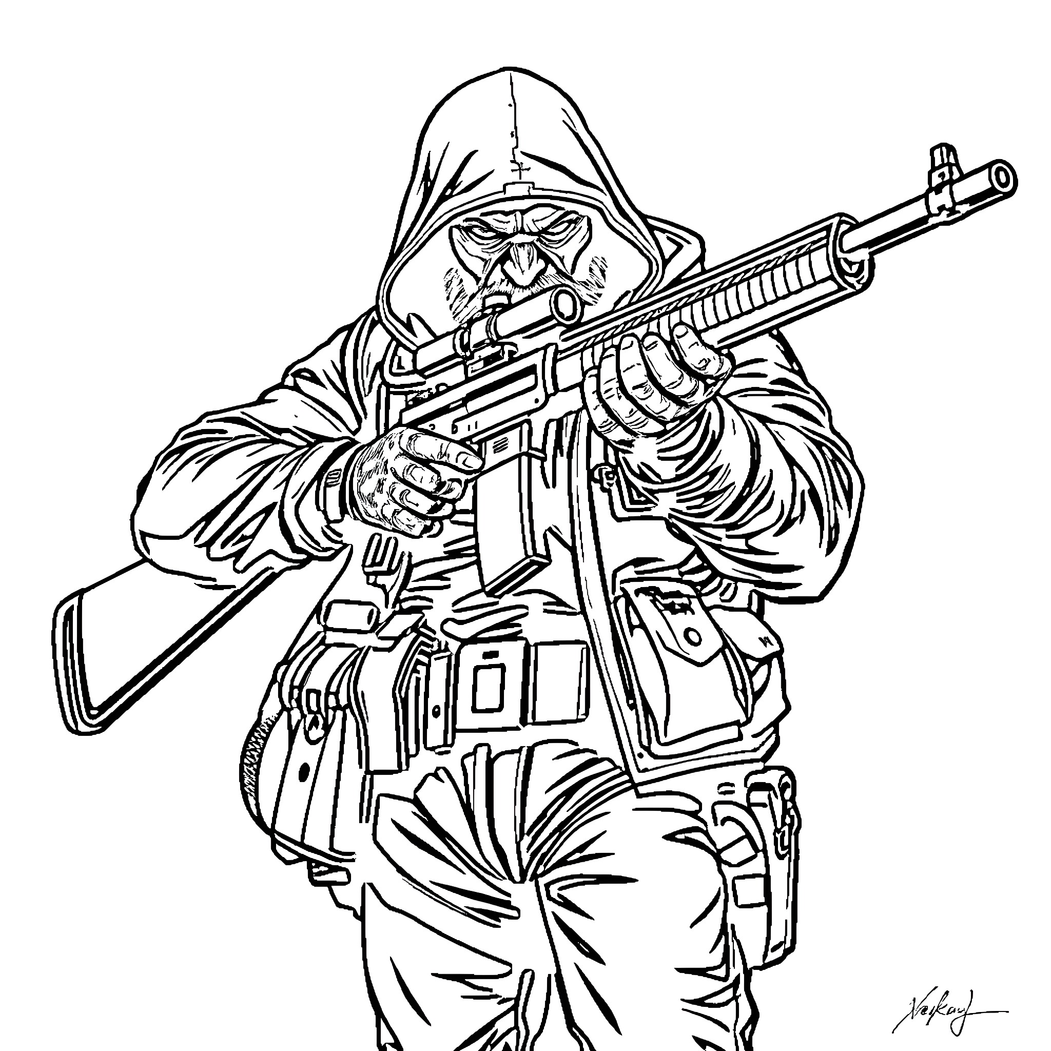 Tagilla - Heavily Armed Warrior in Tactical Gear Coloring Page (free black-and-white line drawing printable PDF for all, from beginners to advanced learners, including children, teens, adults, and seniors)