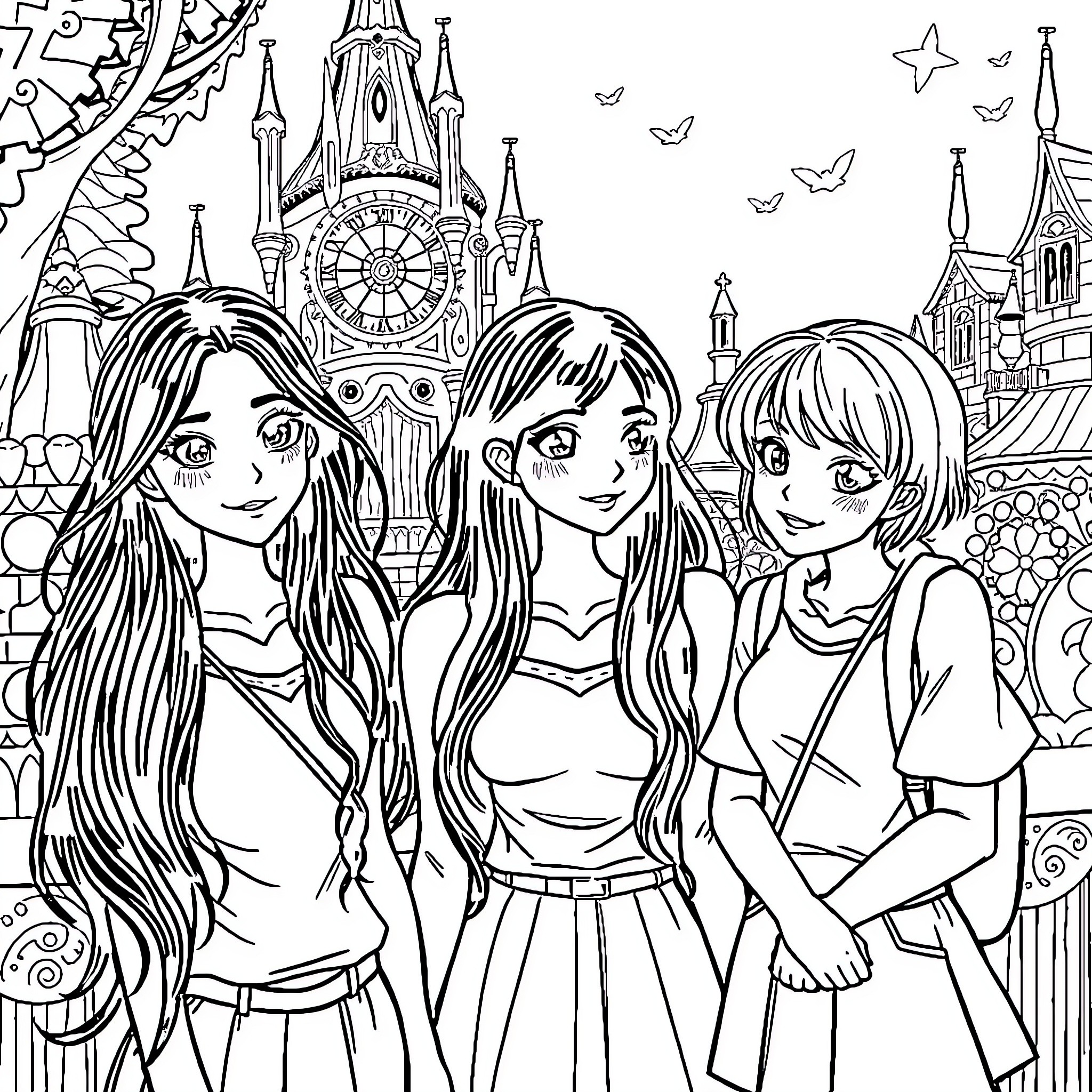 Girl friends exploring magical castle landscape Coloring Page (free black-and-white line drawing printable PDF for all, from beginners to advanced learners, including children, teens, adults, and seniors)