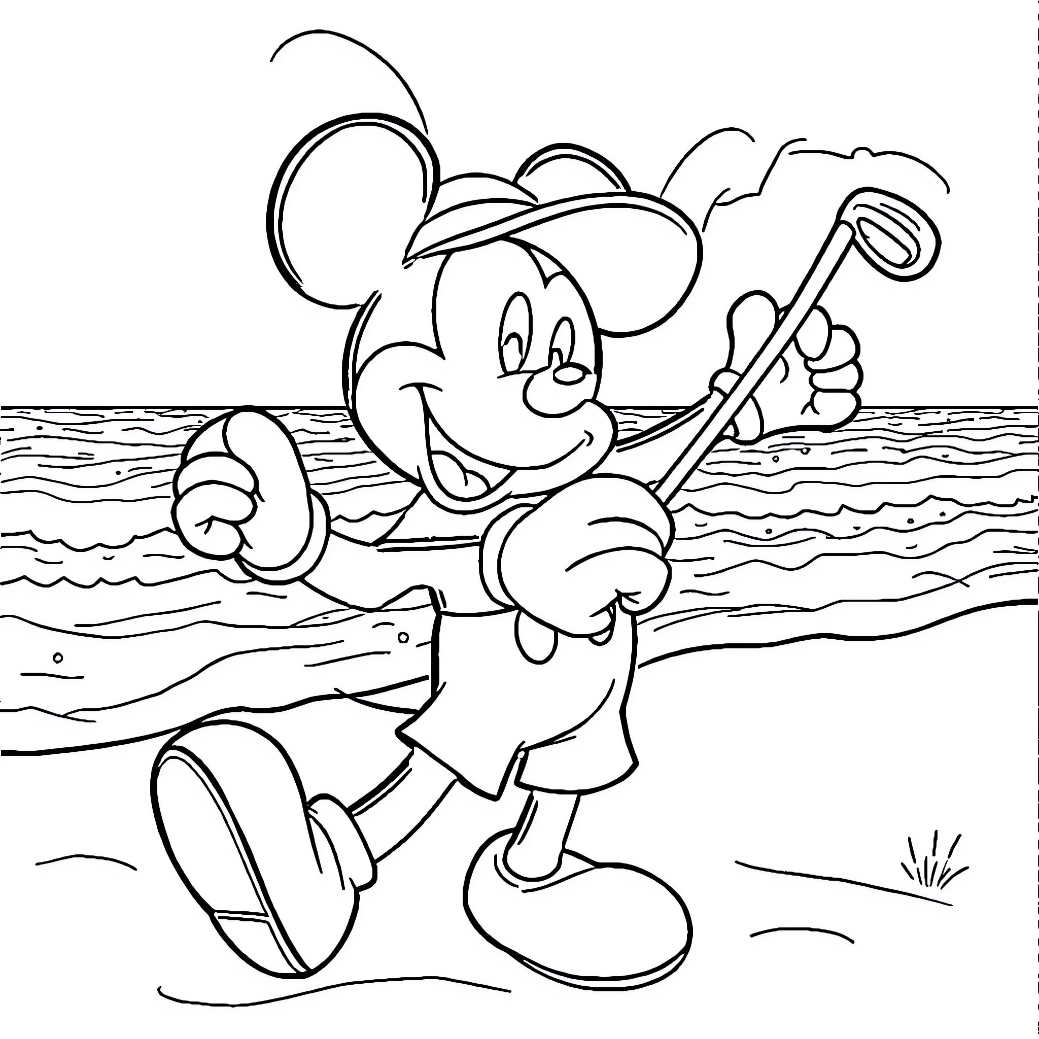 Mickey Mouse fishing happily by the beach Coloring Page (free black-and-white line drawing printable PDF for all, from beginners to advanced learners, including children, teens, adults, and seniors)