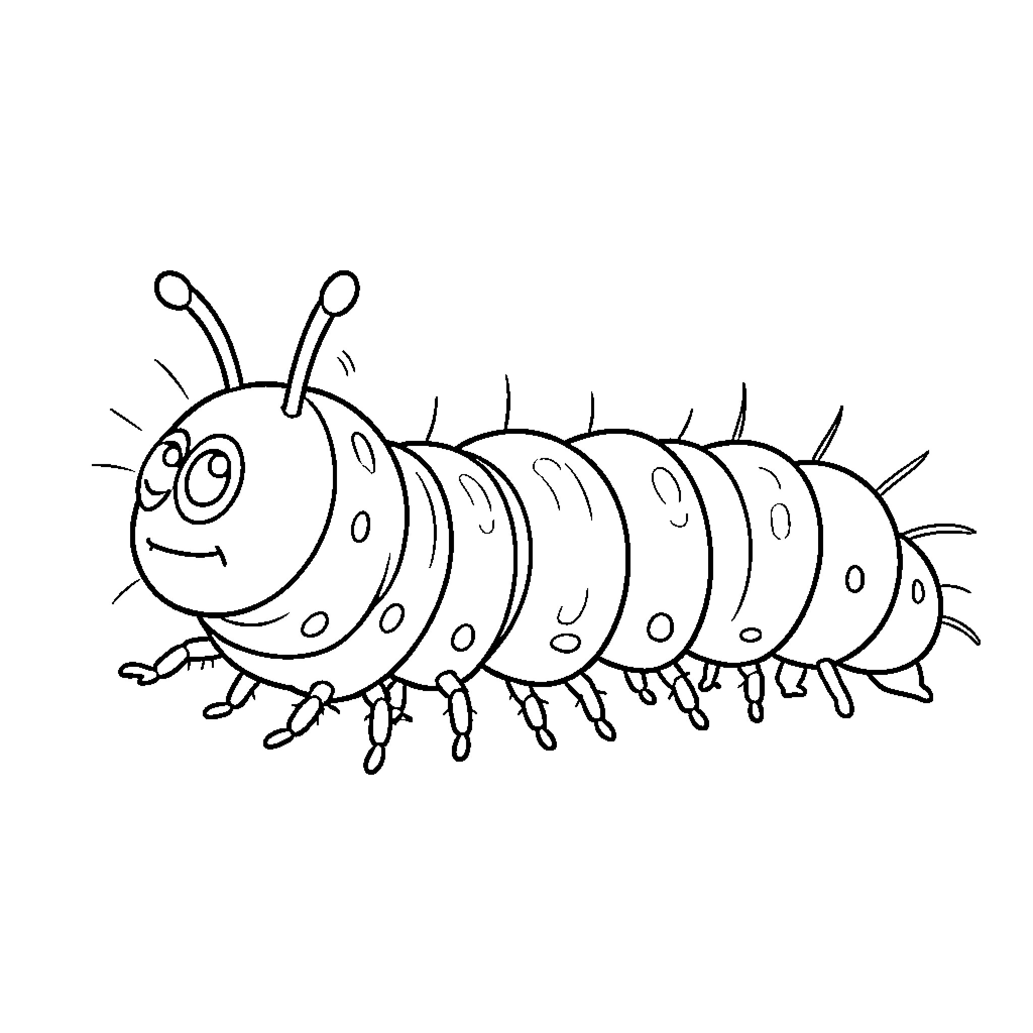 Caterpillar scurrying along with a cheerful expression Coloring Page (free black-and-white line drawing printable PDF for all, from beginners to advanced learners, including children, teens, adults, and seniors)