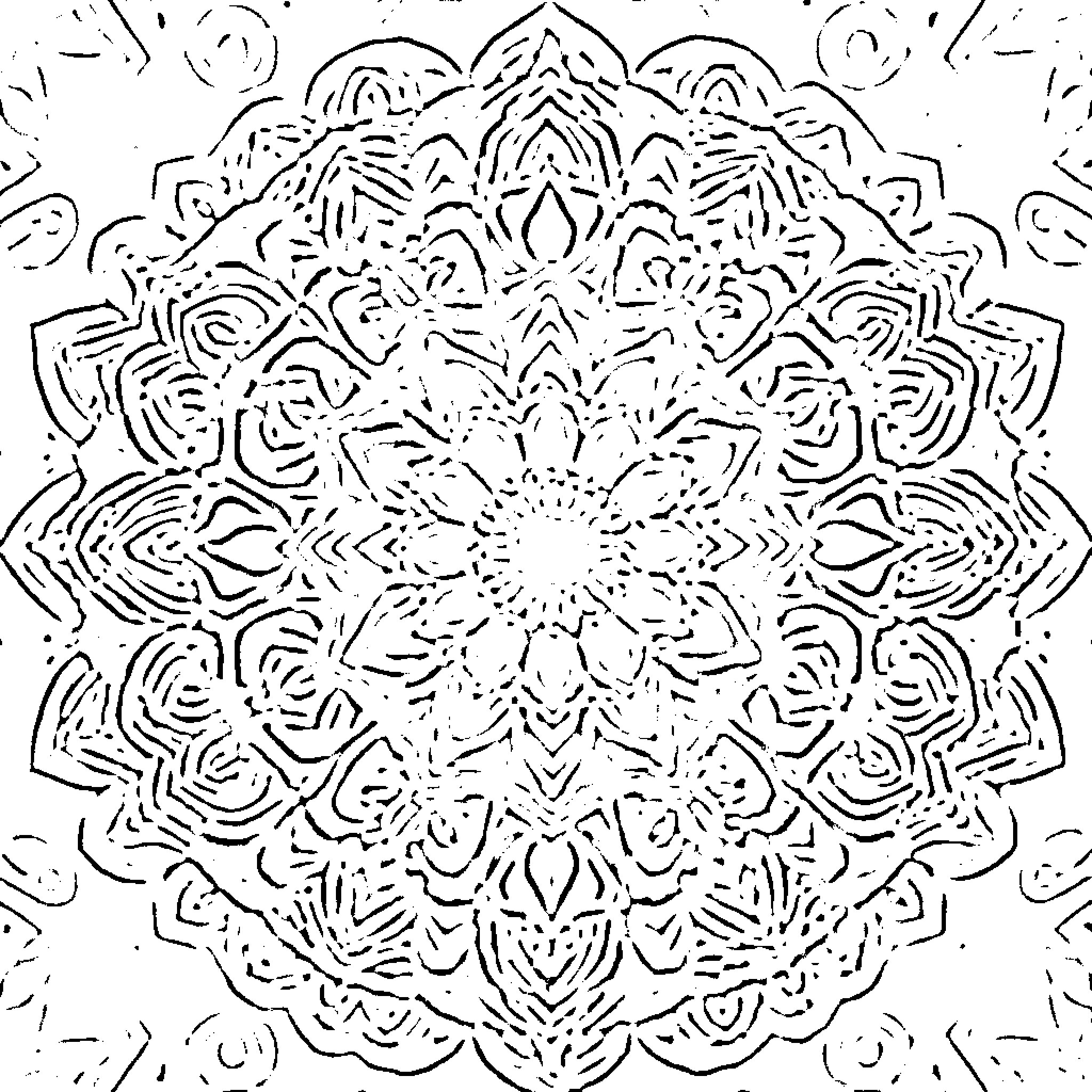 Mandala of intricate symmetrical patterns Coloring Page (free black-and-white line drawing printable PDF for all, from beginners to advanced learners, including children, teens, adults, and seniors)