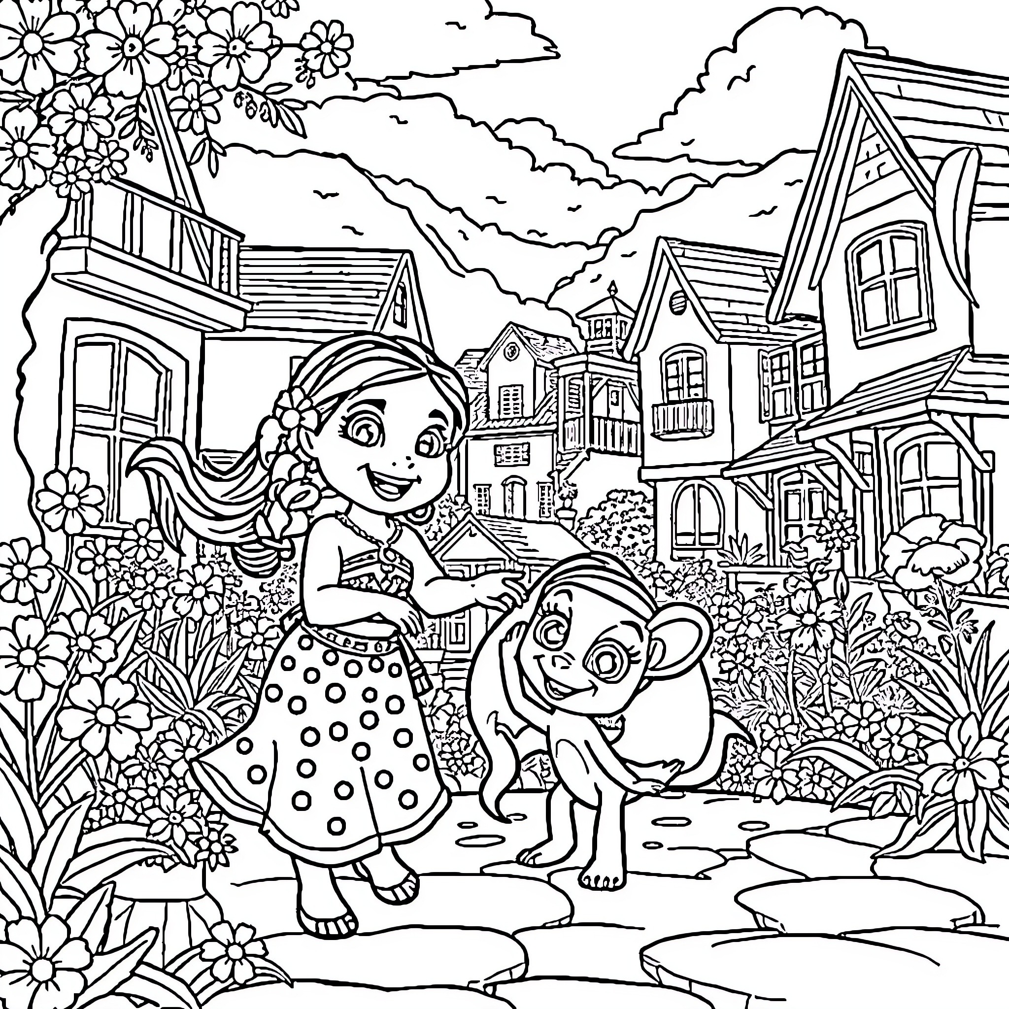 Moana exploring the town with her animal companion Coloring Page (free black-and-white line drawing printable PDF for all, from beginners to advanced learners, including children, teens, adults, and seniors)