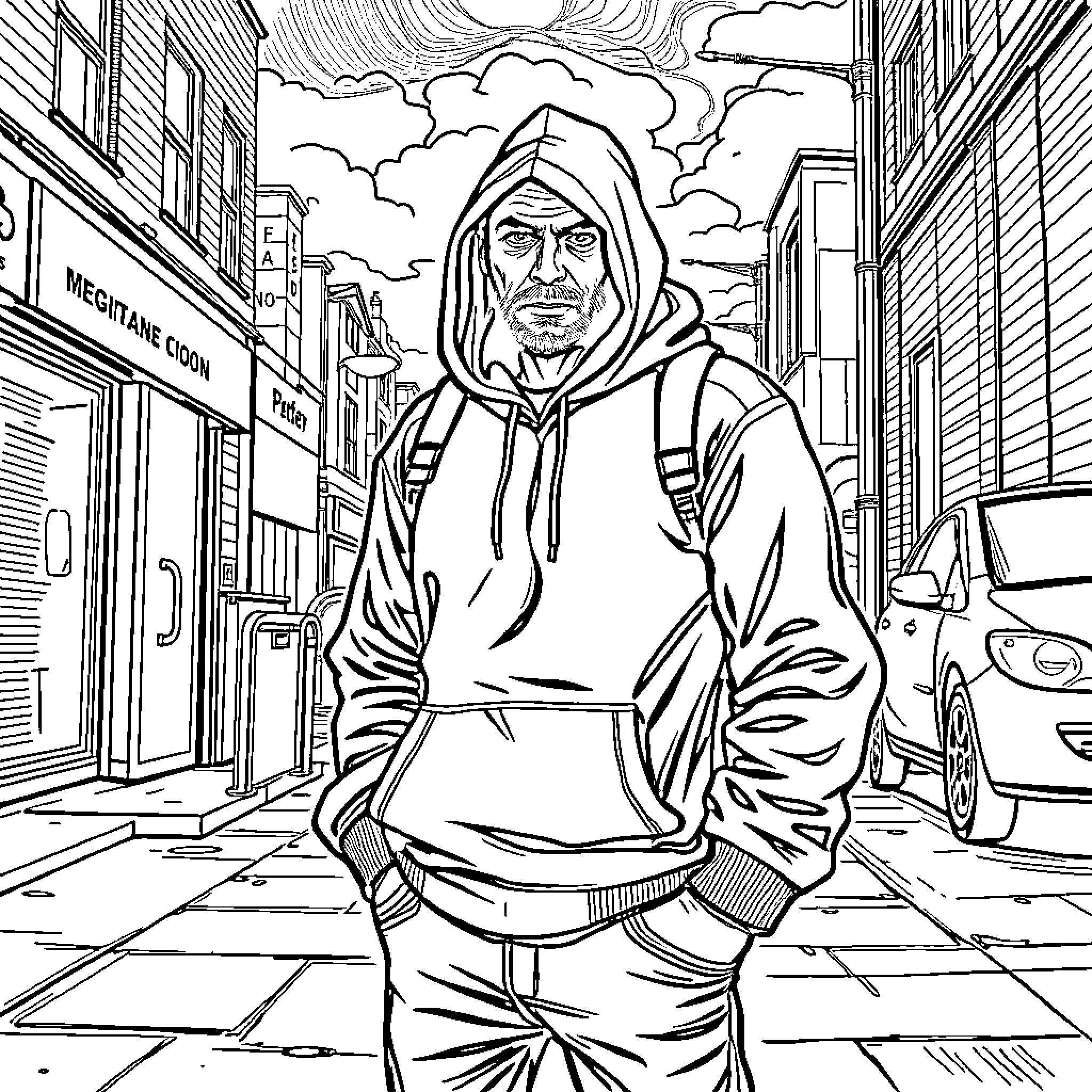 Gang Member Navigating City Streets with Hooded Attire Coloring Page (free black-and-white line drawing printable PDF for all, from beginners to advanced learners, including children, teens, adults, and seniors)