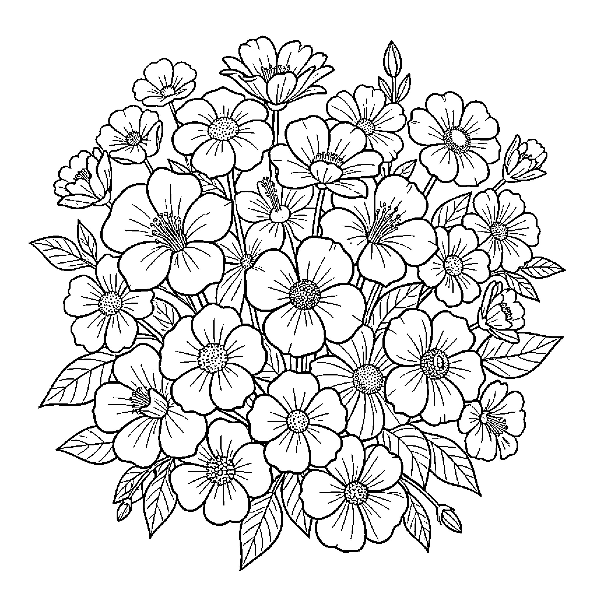Flower bouquet with blooming floral patterns Coloring Page (free black-and-white line drawing printable PDF for all, from beginners to advanced learners, including children, teens, adults, and seniors)