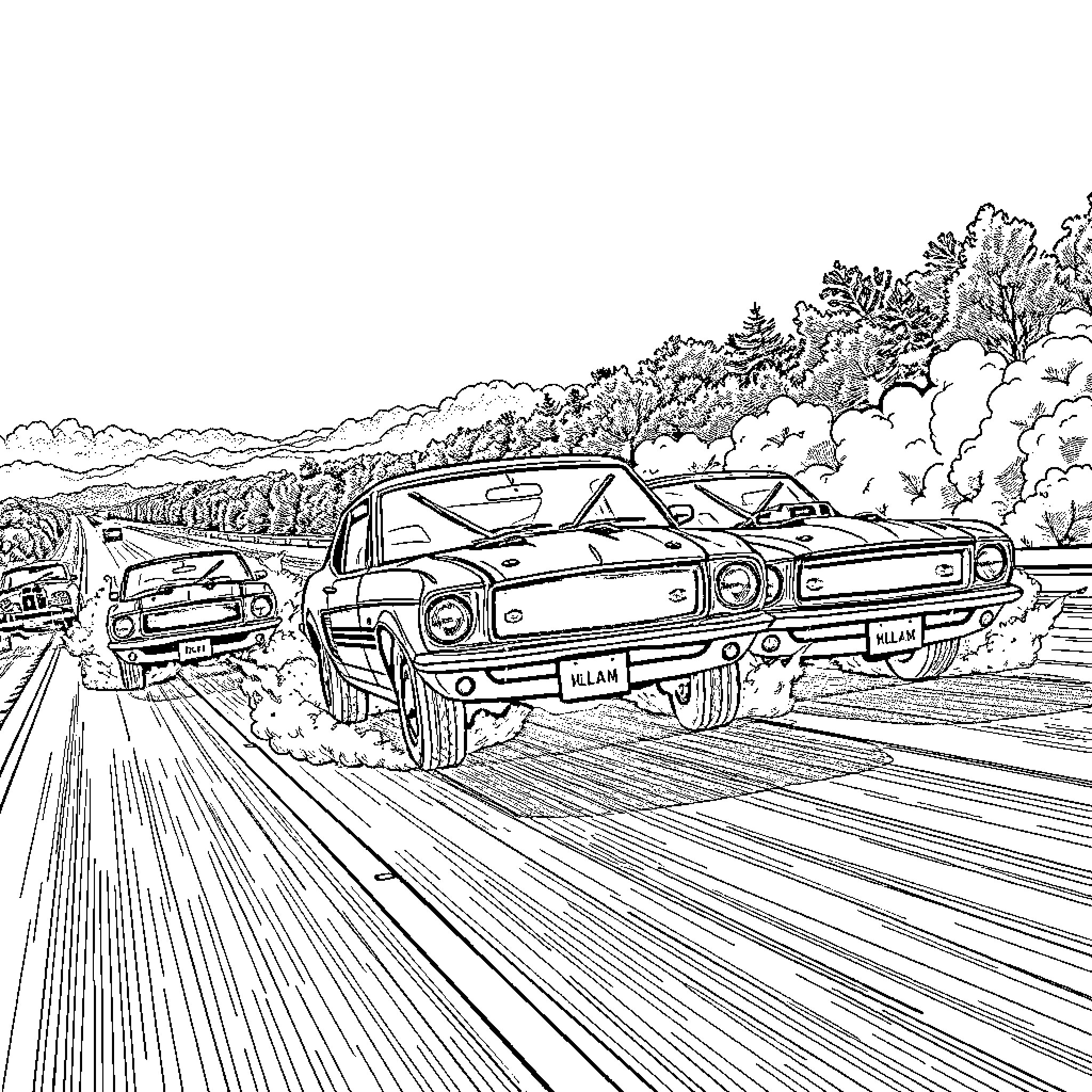 Mustang muscle cars speeding down the highway Coloring Page (free black-and-white line drawing printable PDF for all, from beginners to advanced learners, including children, teens, adults, and seniors)