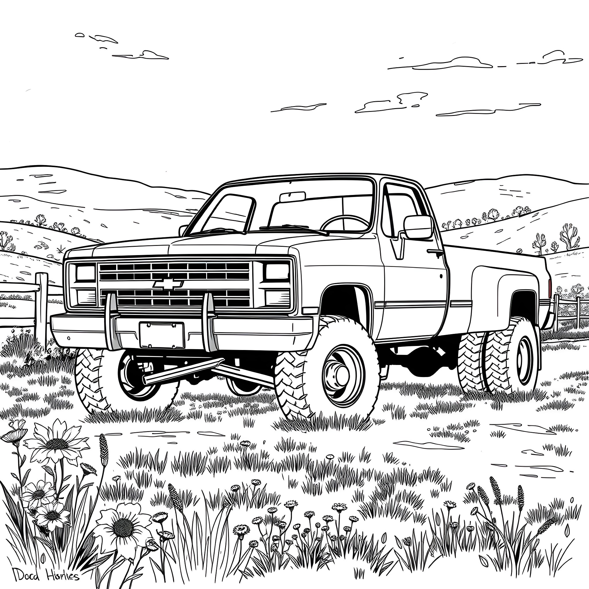 Chevy truck adventure in the countryside Coloring Page (free black-and-white line drawing printable PDF for all, from beginners to advanced learners, including children, teens, adults, and seniors)