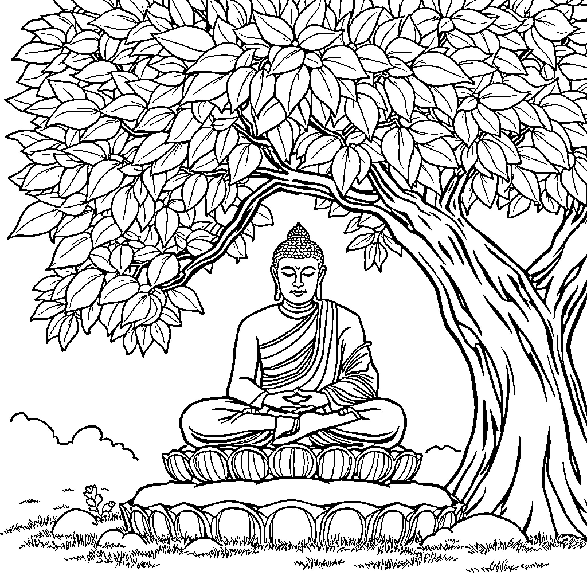 Buddha in meditative pose under a leafy tree Coloring Page (free black-and-white line drawing printable PDF for all, from beginners to advanced learners, including children, teens, adults, and seniors)