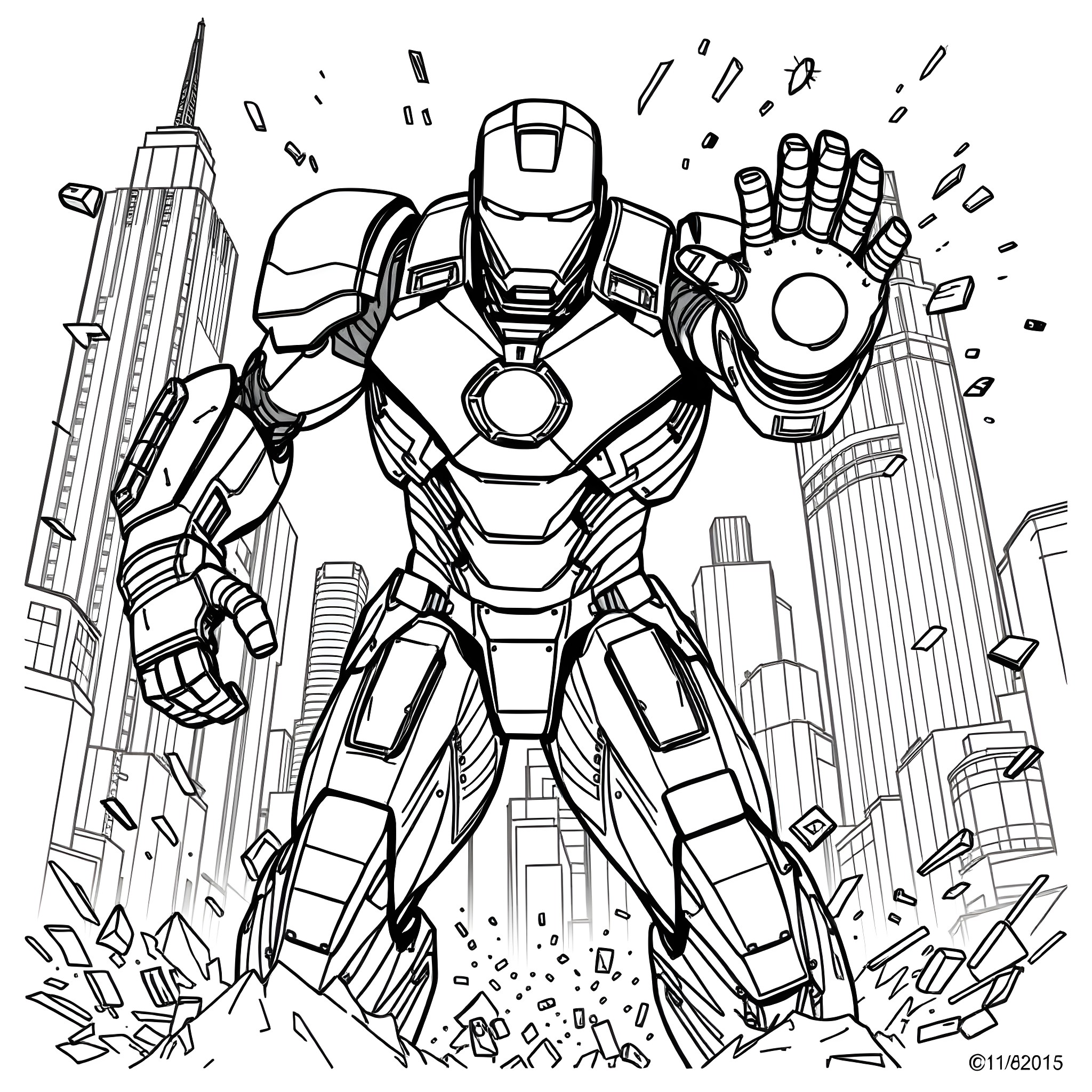 Ironman hero soaring over city skyline Coloring Page (free black-and-white line drawing printable PDF for all, from beginners to advanced learners, including children, teens, adults, and seniors)