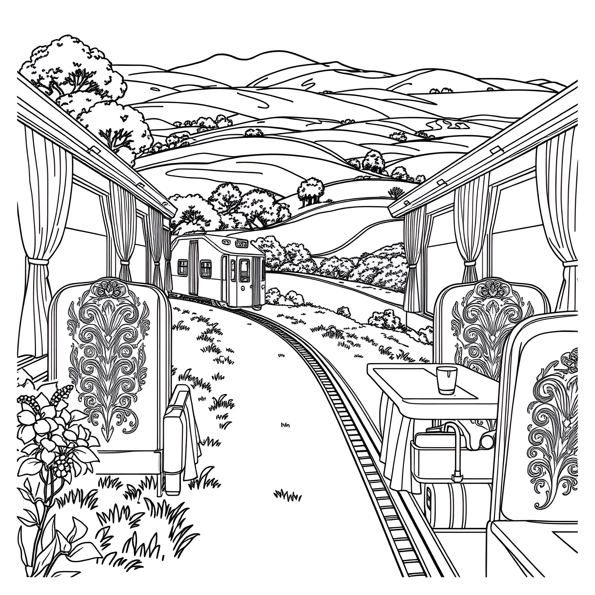 Belmond Grand Hibernian Luxury Train Journey Through Scenic Landscapes Coloring Page (free black-and-white line drawing printable PDF for all, from beginners to advanced learners, including children, teens, adults, and seniors)