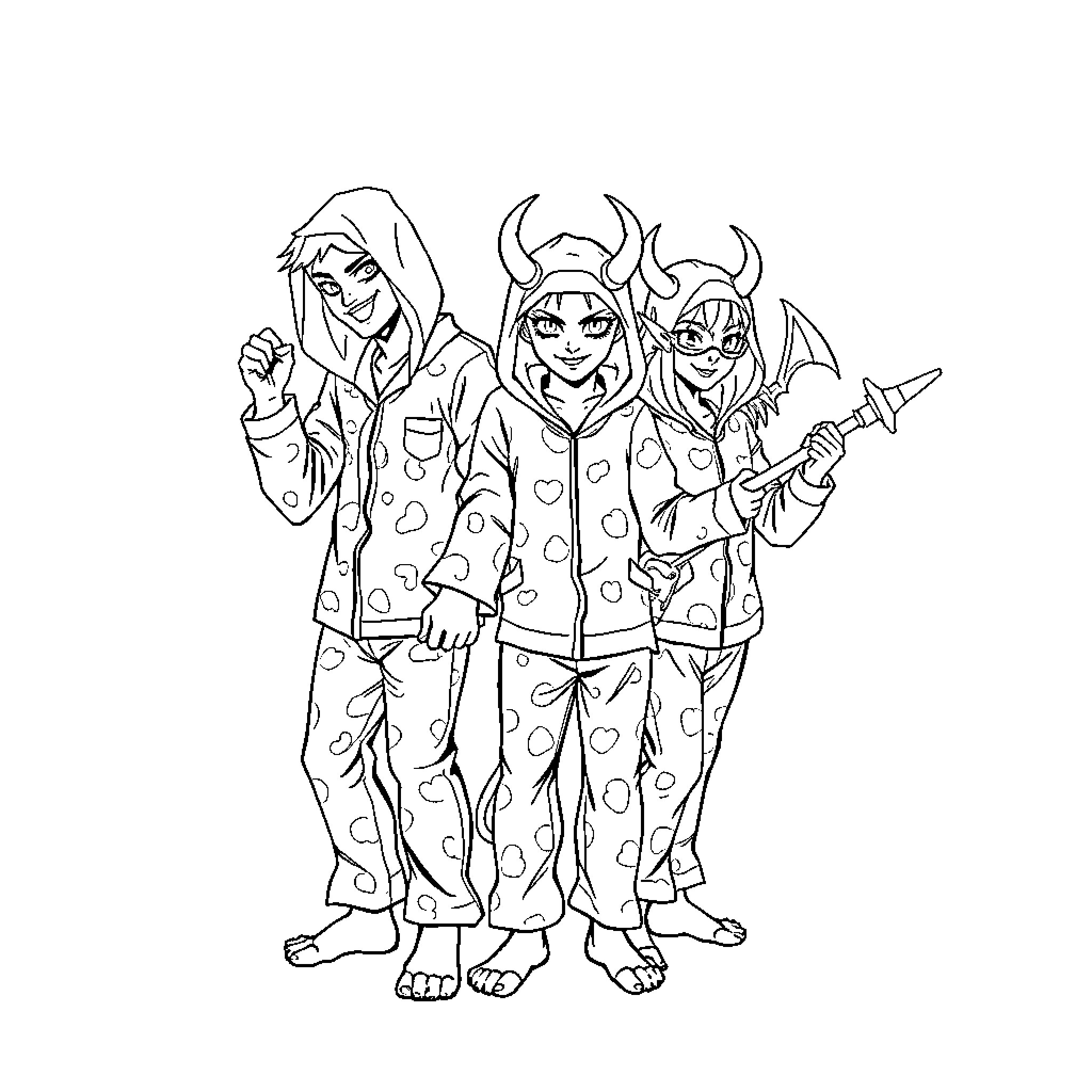 Demon Hunters in Whimsical Attire Coloring Page (free black-and-white line drawing printable PDF for all, from beginners to advanced learners, including children, teens, adults, and seniors)