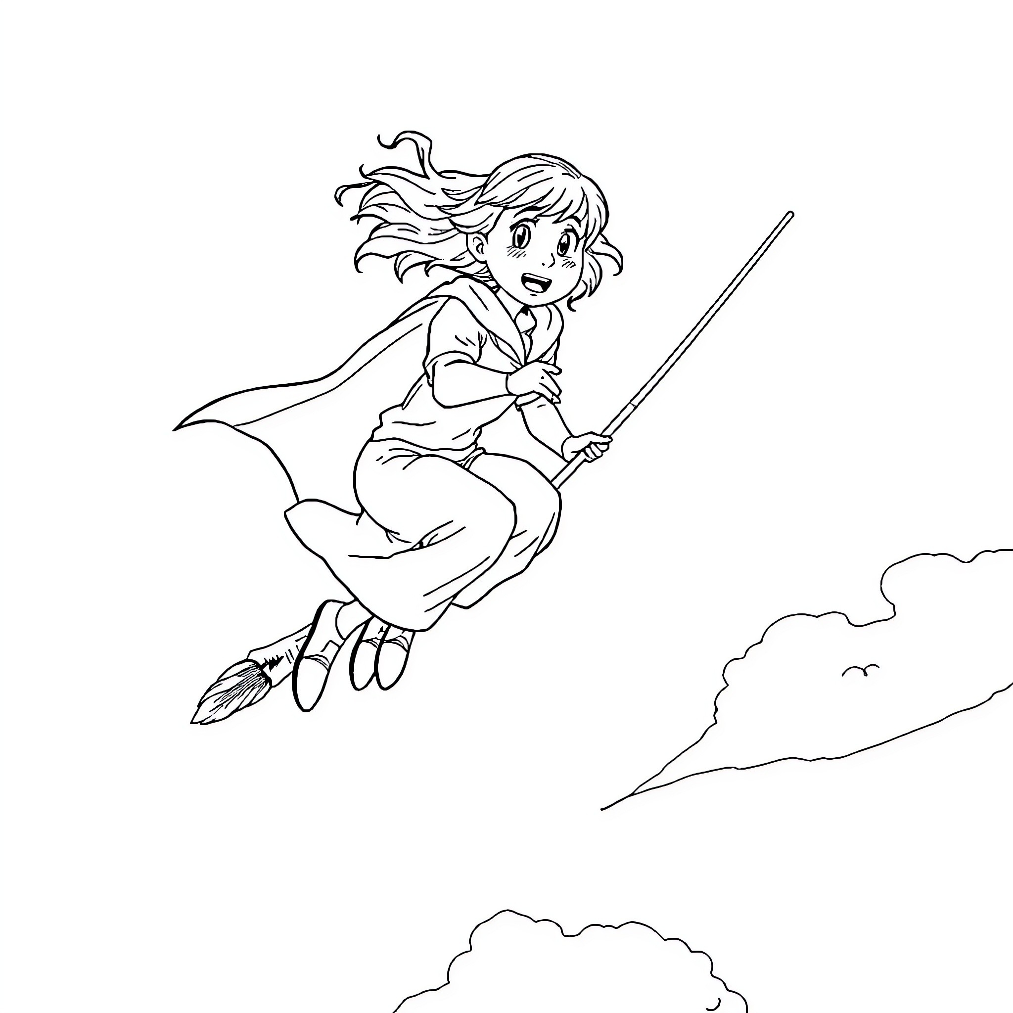 Ginny Weasley soaring on a broomstick in the sky Coloring Page (free black-and-white line drawing printable PDF for all, from beginners to advanced learners, including children, teens, adults, and seniors)
