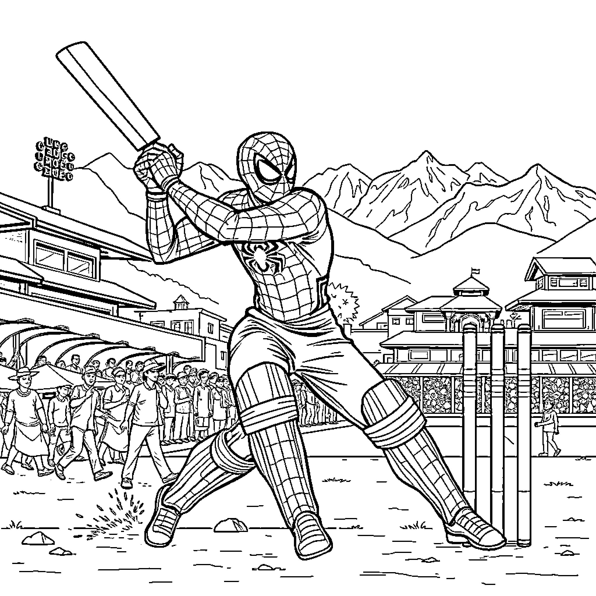 Spiderman heroically swinging into action in a snowy mountain town Coloring Page (free black-and-white line drawing printable PDF for all, from beginners to advanced learners, including children, teens, adults, and seniors)