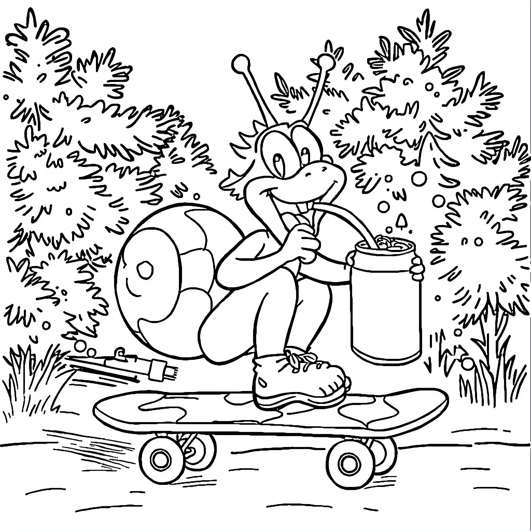 Gary the Groovy Caterpillar's Skateboard Adventure Coloring Page (free black-and-white line drawing printable PDF for all, from beginners to advanced learners, including children, teens, adults, and seniors)