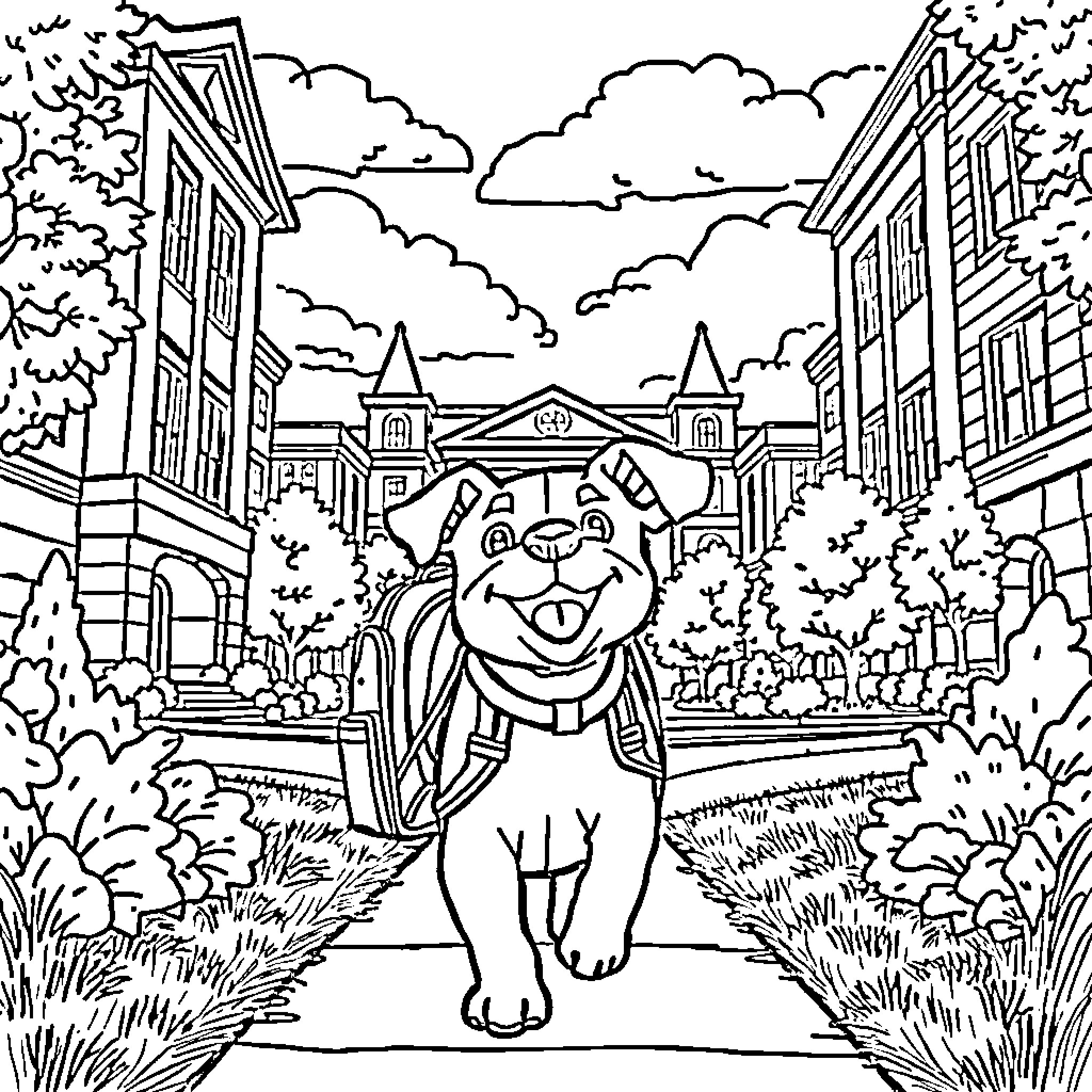 Dog happily exploring a whimsical town Coloring Page (free black-and-white line drawing printable PDF for all, from beginners to advanced learners, including children, teens, adults, and seniors)