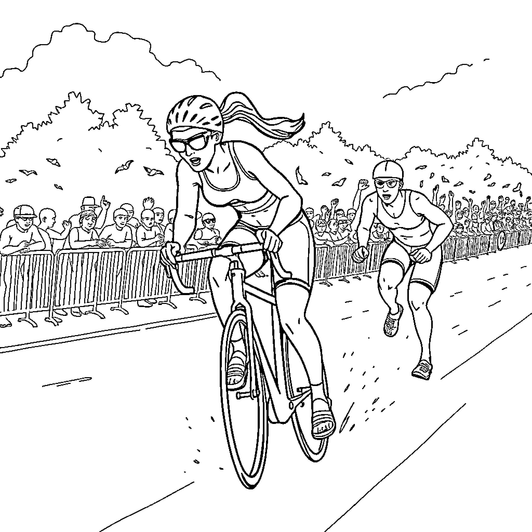 Woman cycling in a competitive race with spectators Coloring Page (free black-and-white line drawing printable PDF for all, from beginners to advanced learners, including children, teens, adults, and seniors)