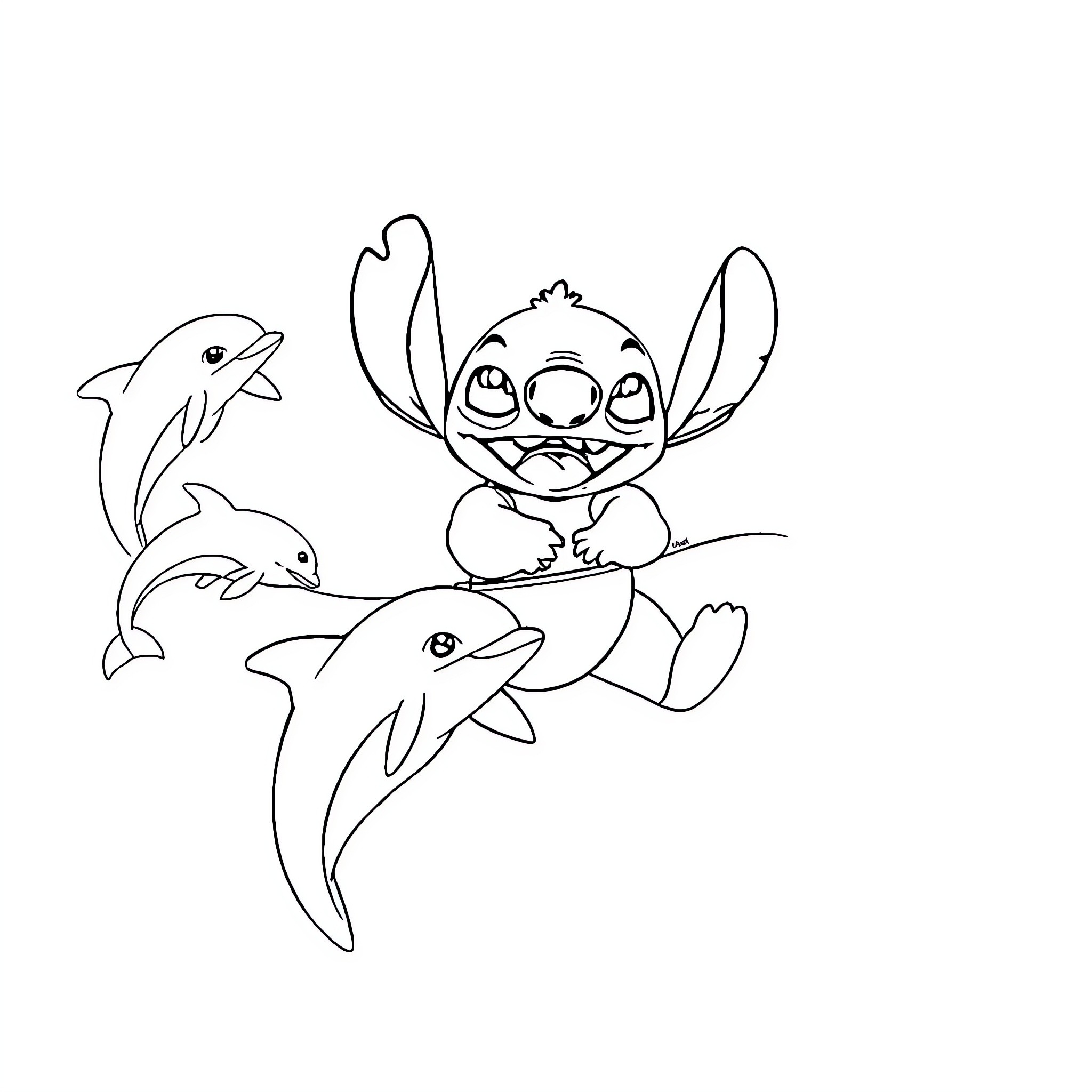 Stitch playing with dolphins in the ocean Coloring Page (free black-and-white line drawing printable PDF for all, from beginners to advanced learners, including children, teens, adults, and seniors)