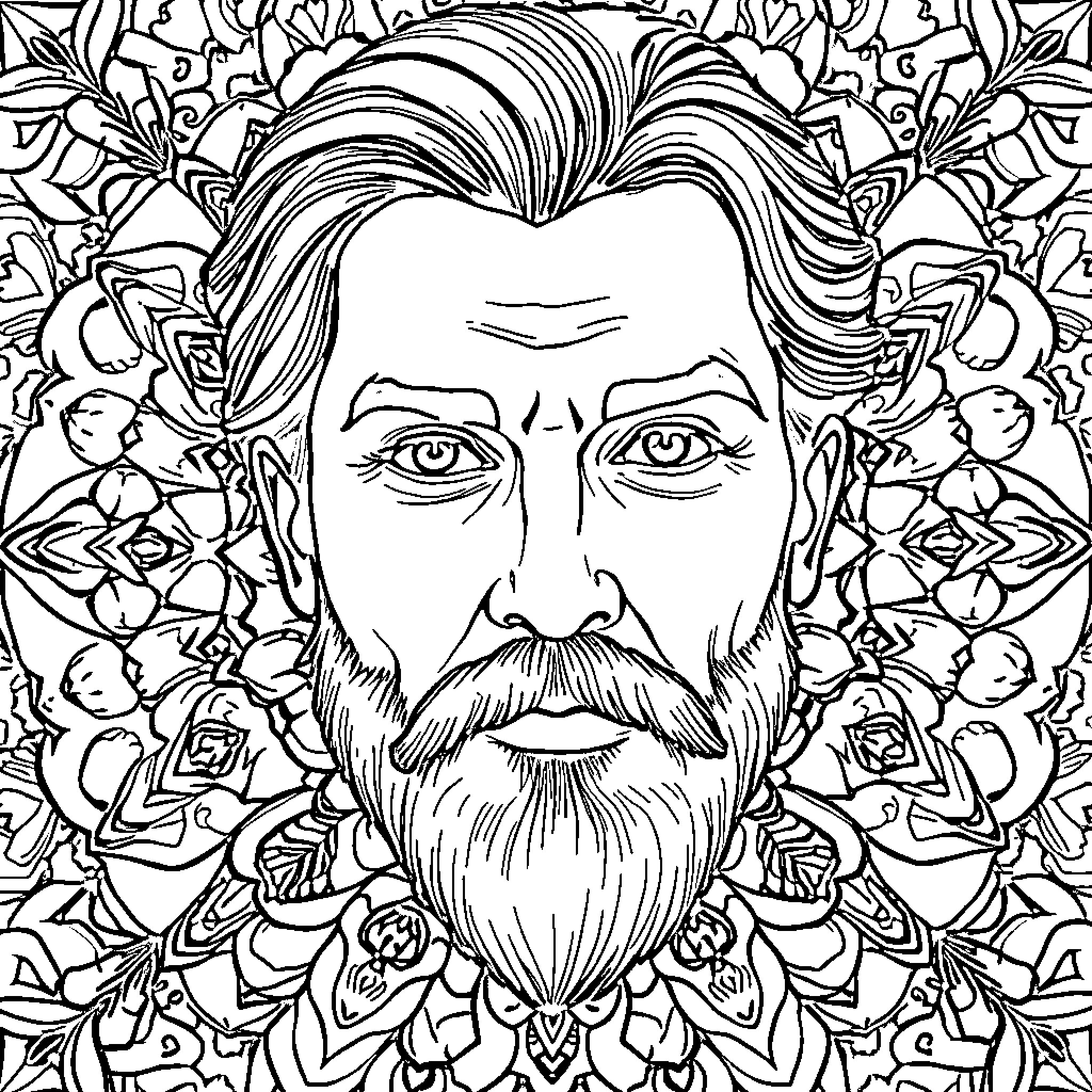 Persian Guy in Ornate Floral Surroundings Coloring Page (free black-and-white line drawing printable PDF for all, from beginners to advanced learners, including children, teens, adults, and seniors)