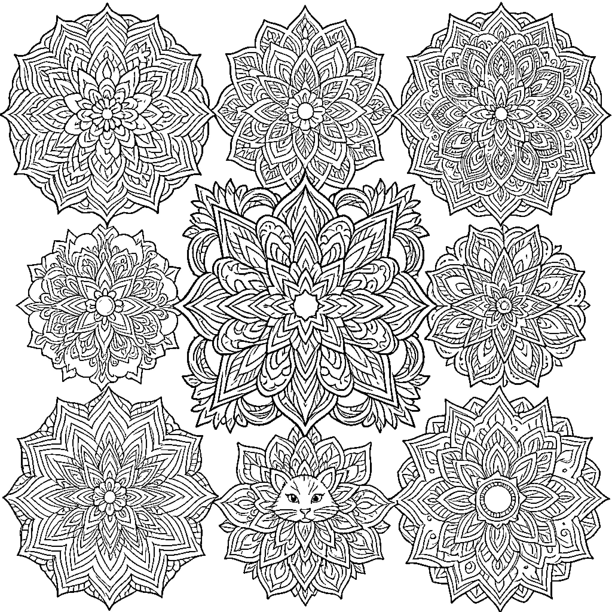 Animal Mandalas in Intricate Patterns Coloring Page (free black-and-white line drawing printable PDF for all, from beginners to advanced learners, including children, teens, adults, and seniors)
