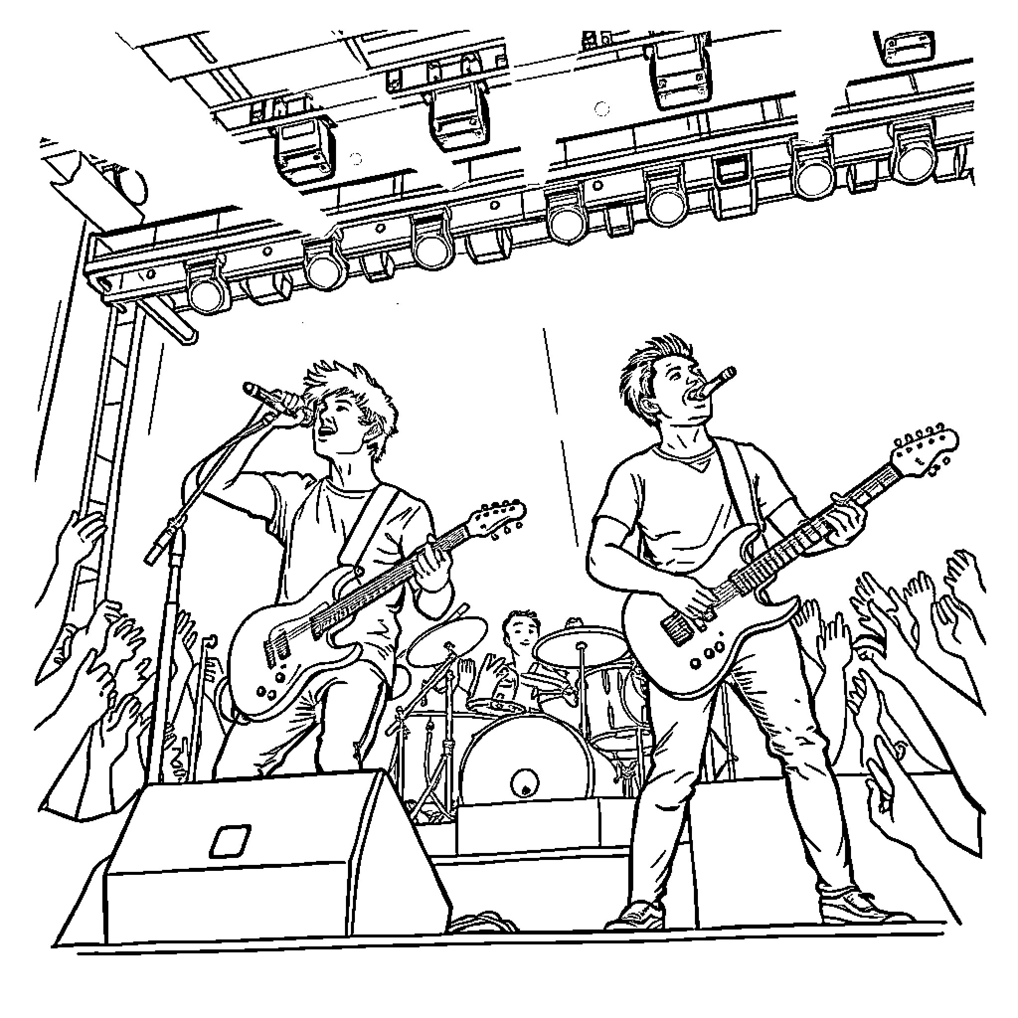 Twenty One Pilots performing lively on stage Coloring Page (free black-and-white line drawing printable PDF for all, from beginners to advanced learners, including children, teens, adults, and seniors)