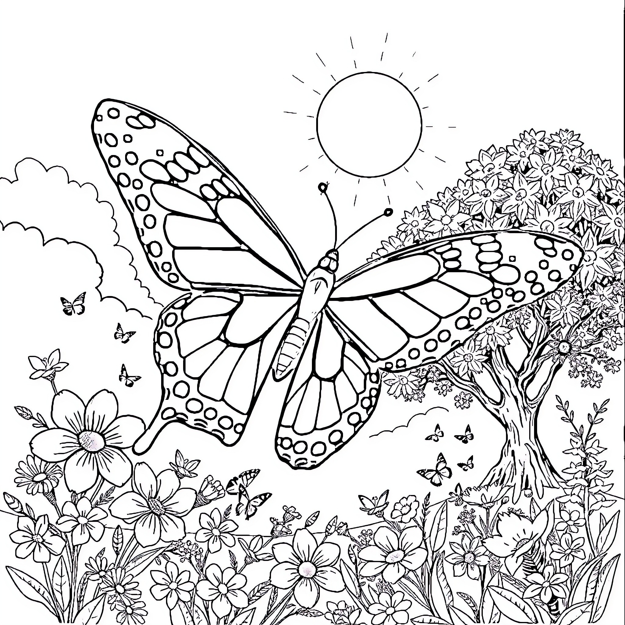 Papillon enjoying nature's blooming beauty Coloring Page (free black-and-white line drawing printable PDF for all, from beginners to advanced learners, including children, teens, adults, and seniors)