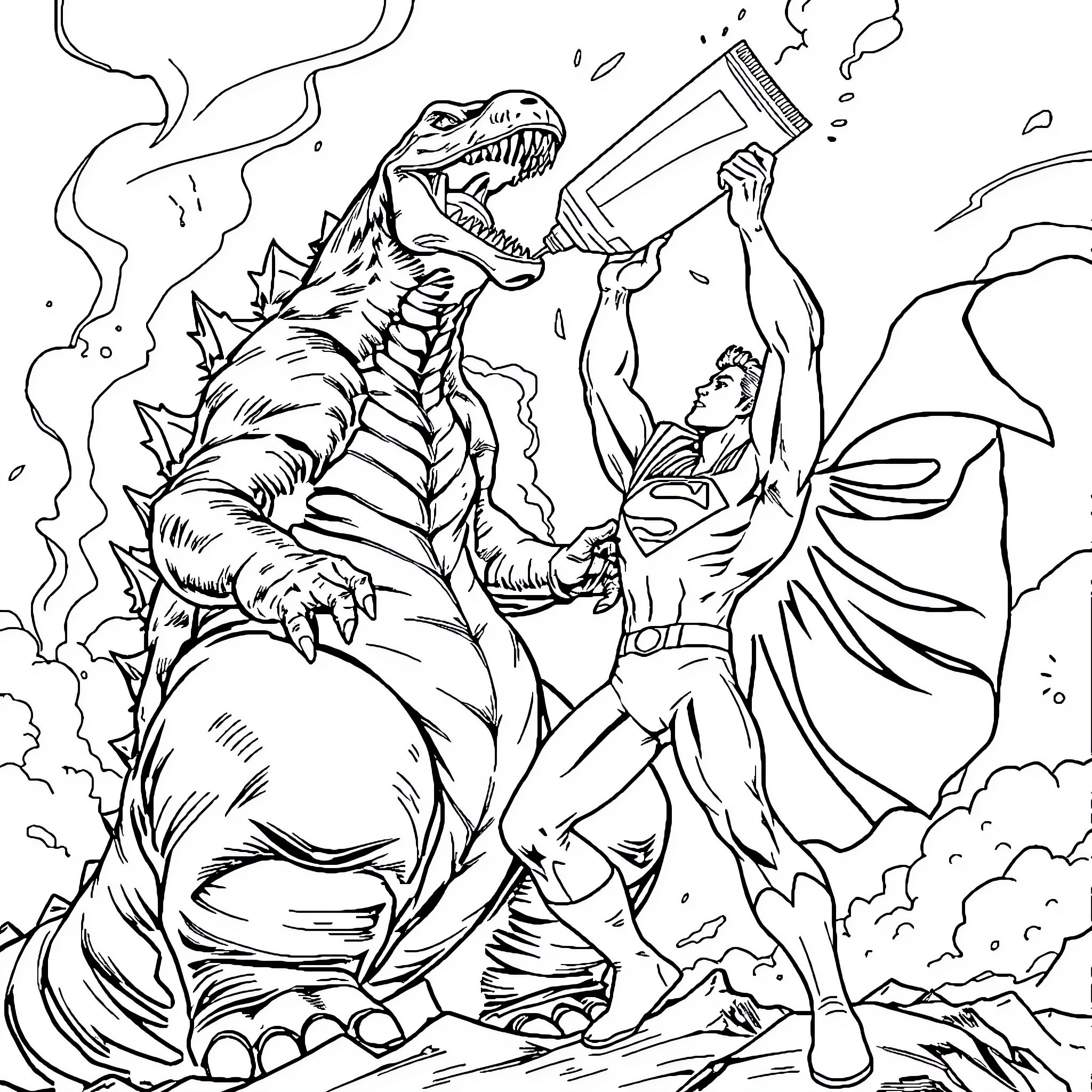 Superman's epic battle against a fierce monster Coloring Page (free black-and-white line drawing printable PDF for all, from beginners to advanced learners, including children, teens, adults, and seniors)
