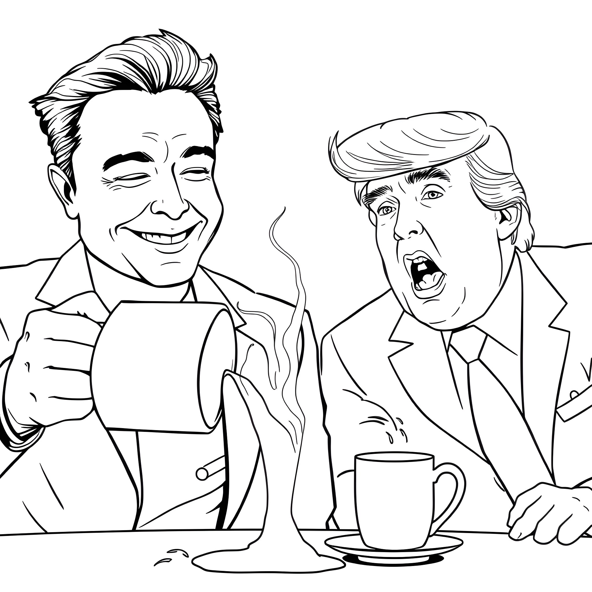 Musk and Trump: Contrasting Expressions and Attire Coloring Page (free black-and-white line drawing printable PDF for all, from beginners to advanced learners, including children, teens, adults, and seniors)
