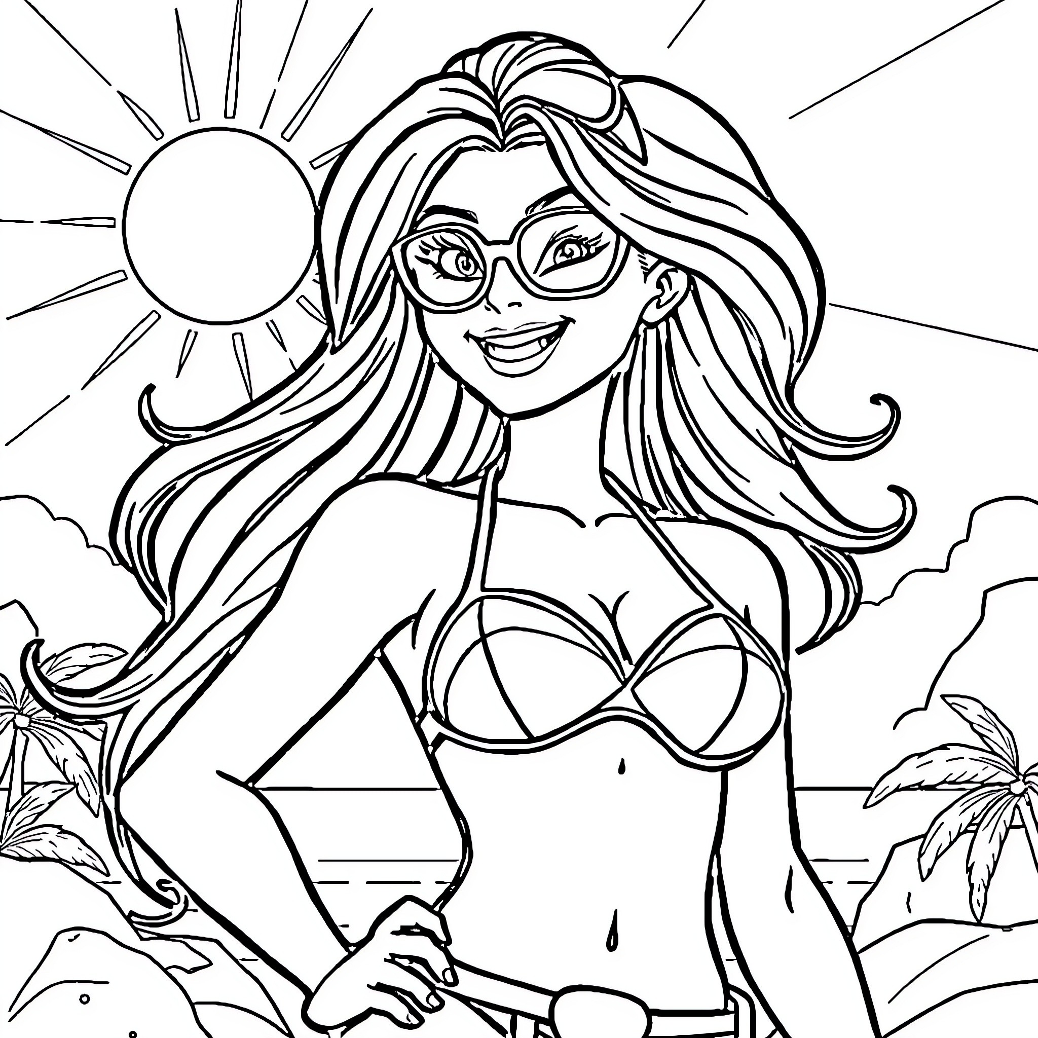 Super Girl Enjoying the Sunny Beach Scene Coloring Page (free black-and-white line drawing printable PDF for all, from beginners to advanced learners, including children, teens, adults, and seniors)