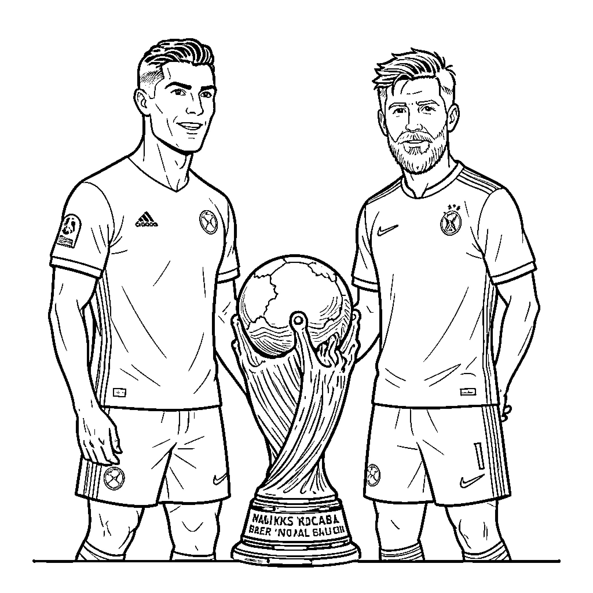 Ronaldo and Messi standing proudly beside a trophy Coloring Page (free black-and-white line drawing printable PDF for all, from beginners to advanced learners, including children, teens, adults, and seniors)