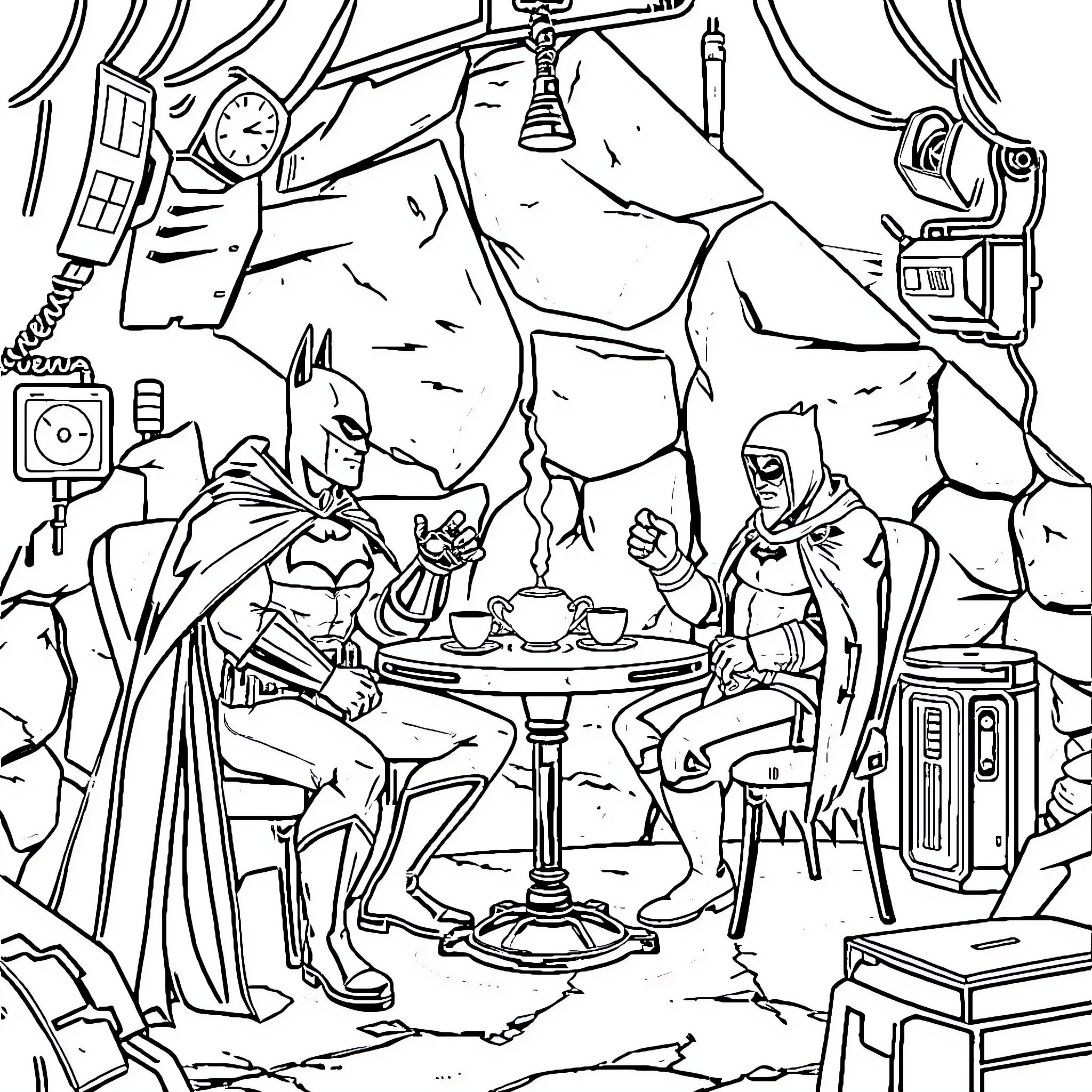 Batman's secret meeting with his allies Coloring Page (free black-and-white line drawing printable PDF for all, from beginners to advanced learners, including children, teens, adults, and seniors)