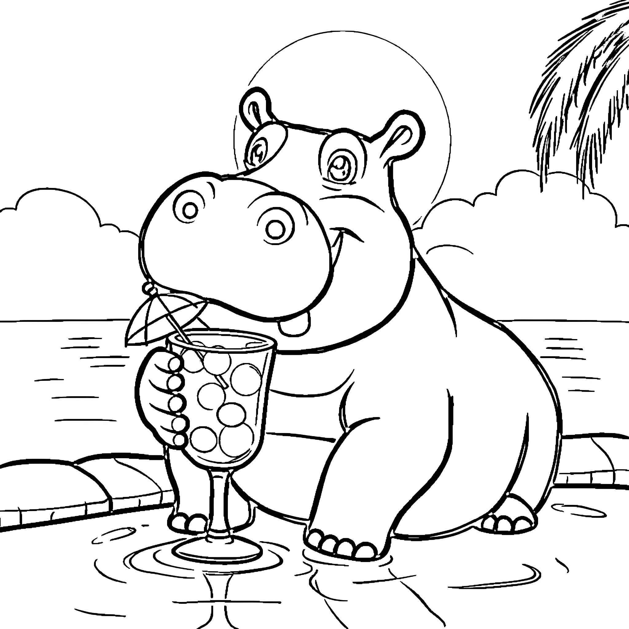 Hippo enjoying a tropical beverage on the beach Coloring Page (free black-and-white line drawing printable PDF for all, from beginners to advanced learners, including children, teens, adults, and seniors)