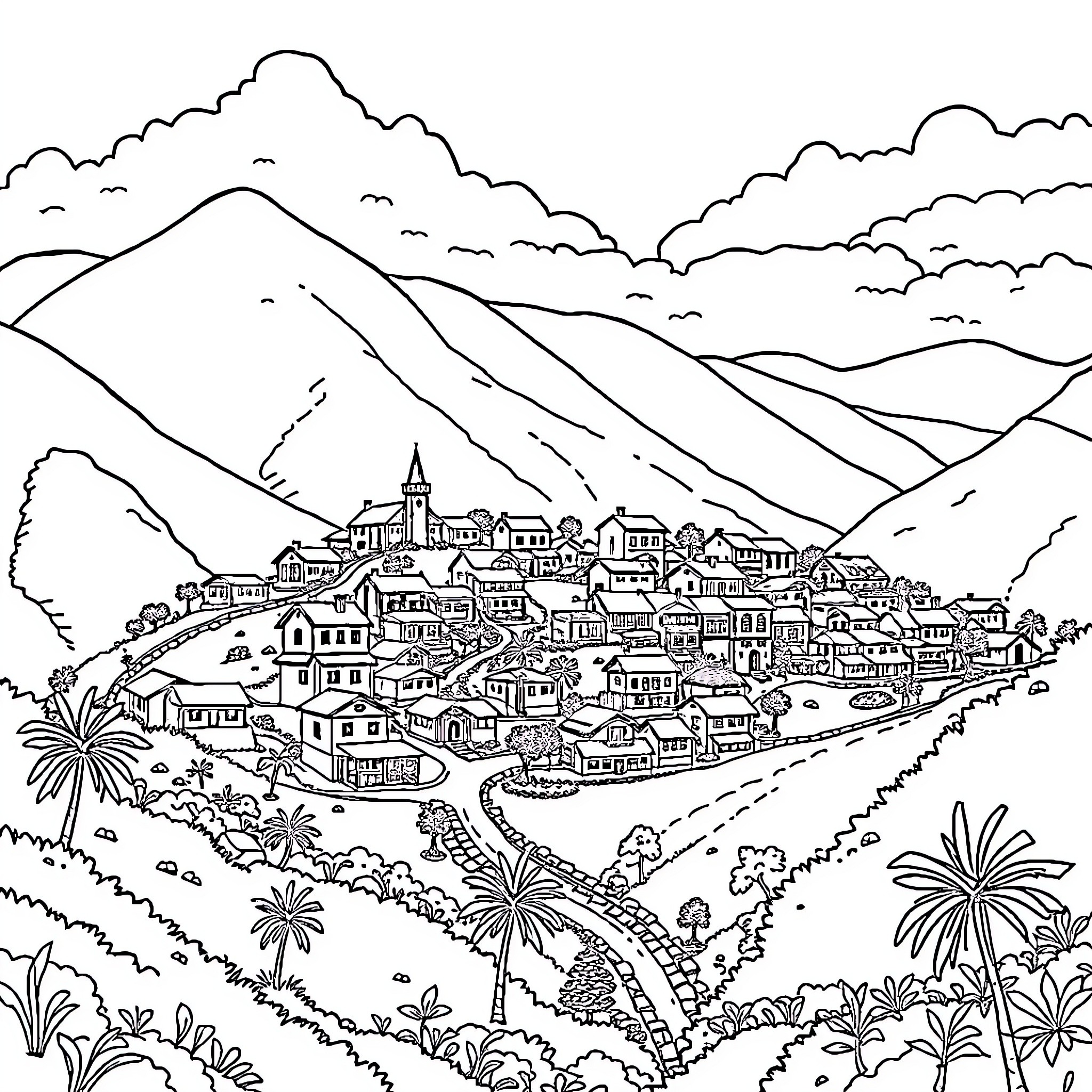 Tutung's Whimsical Mountain Village Coloring Page (free black-and-white line drawing printable PDF for all, from beginners to advanced learners, including children, teens, adults, and seniors)