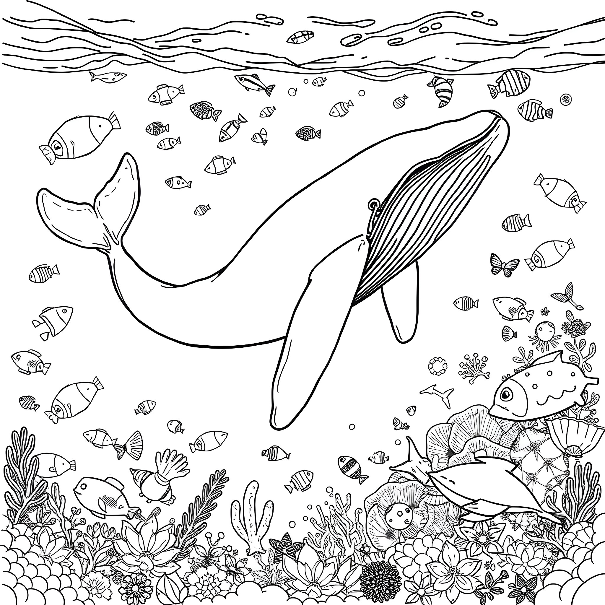 Whale swimming among colorful sea creatures Coloring Page (free black-and-white line drawing printable PDF for all, from beginners to advanced learners, including children, teens, adults, and seniors)