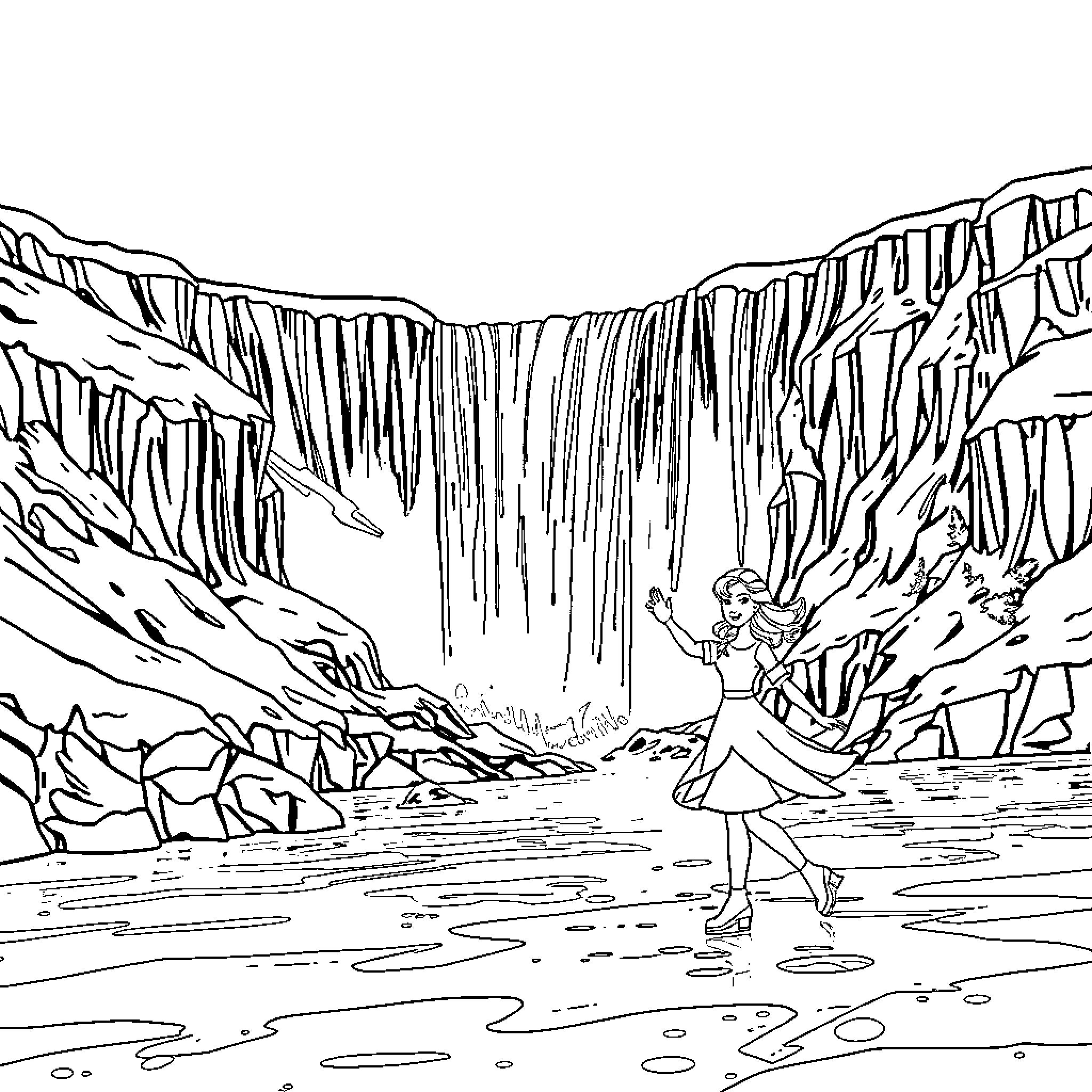 Barbie exploring a majestic waterfall landscape Coloring Page (free black-and-white line drawing printable PDF for all, from beginners to advanced learners, including children, teens, adults, and seniors)